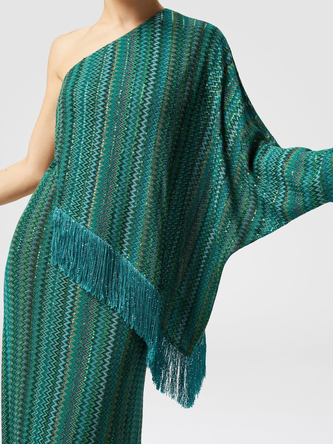 Long one-shoulder zigzag dress with sequins and fringes - 5