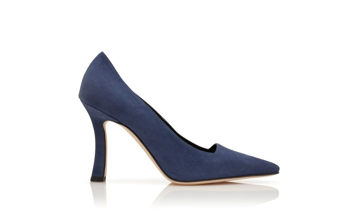 Navy Blue Suede Square Cut Pumps - 1