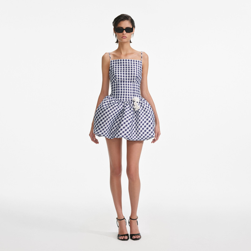 Navy Gingham Taffeta Mini Dress - 1