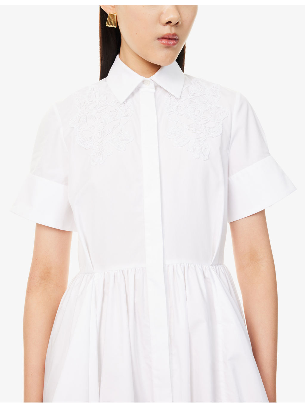 Embroidered Short-Sleeve Cotton Midi Shirt Dress - 5