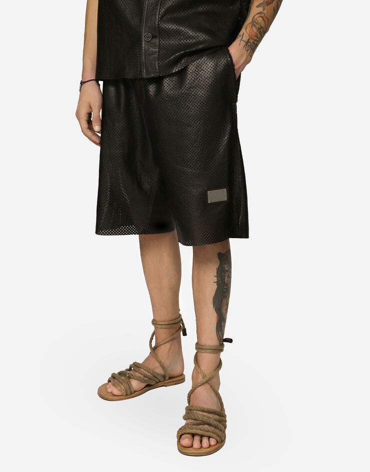 Openwork leather Bermuda jogging pants with brand plate - 4