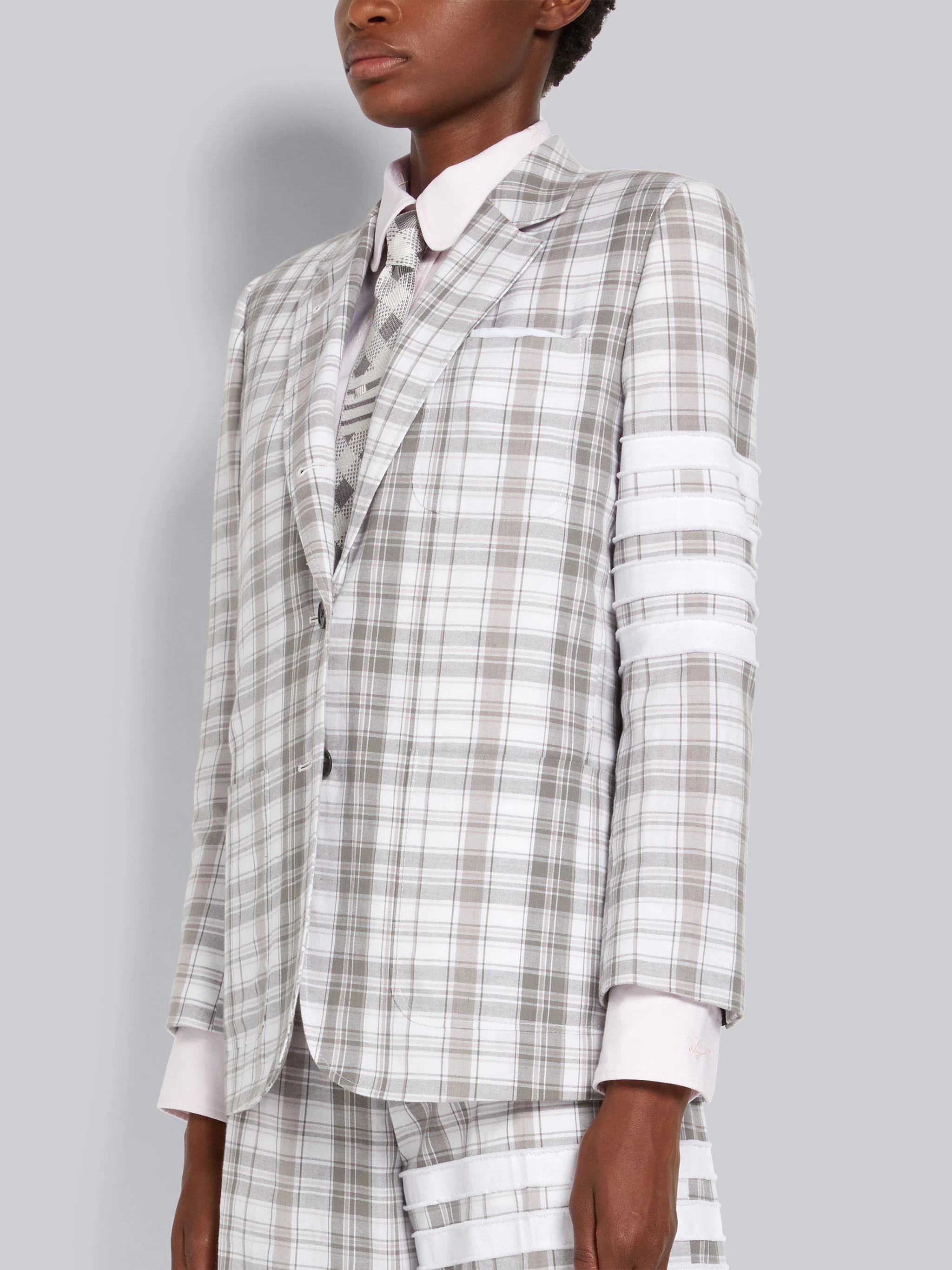 Medium Grey Stripe Plaid Oxford 4-Bar Sack Jacket - 2