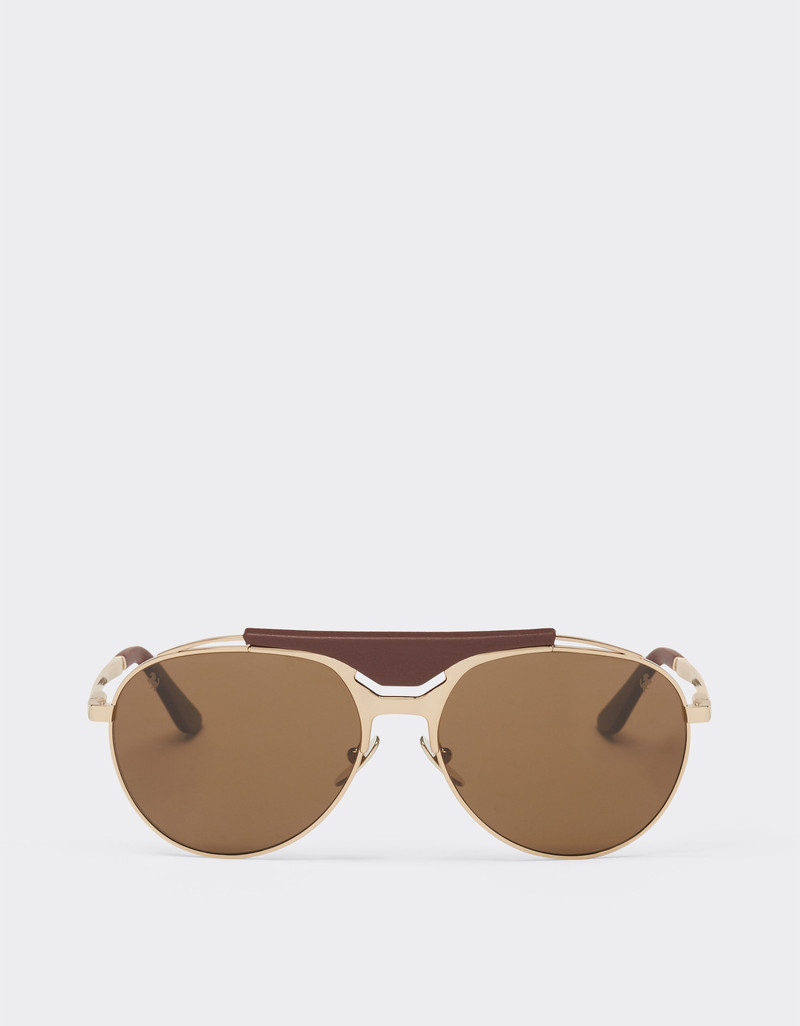 Ferrari sunglasses in gold-tone metal and leather with polarised brown lenses 1
