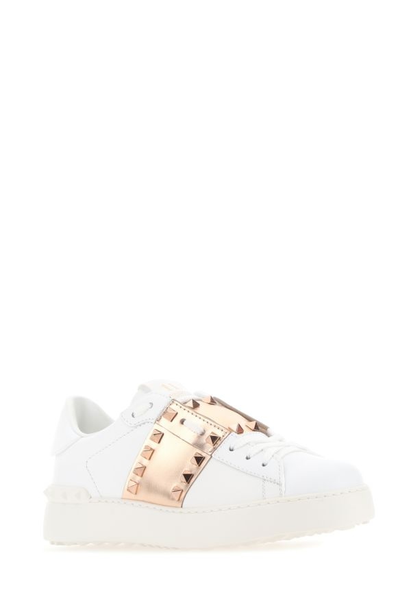 Valentino Garavani Woman White Leather Rockstud Untitled Sneakers With Gold Rose Band - 2