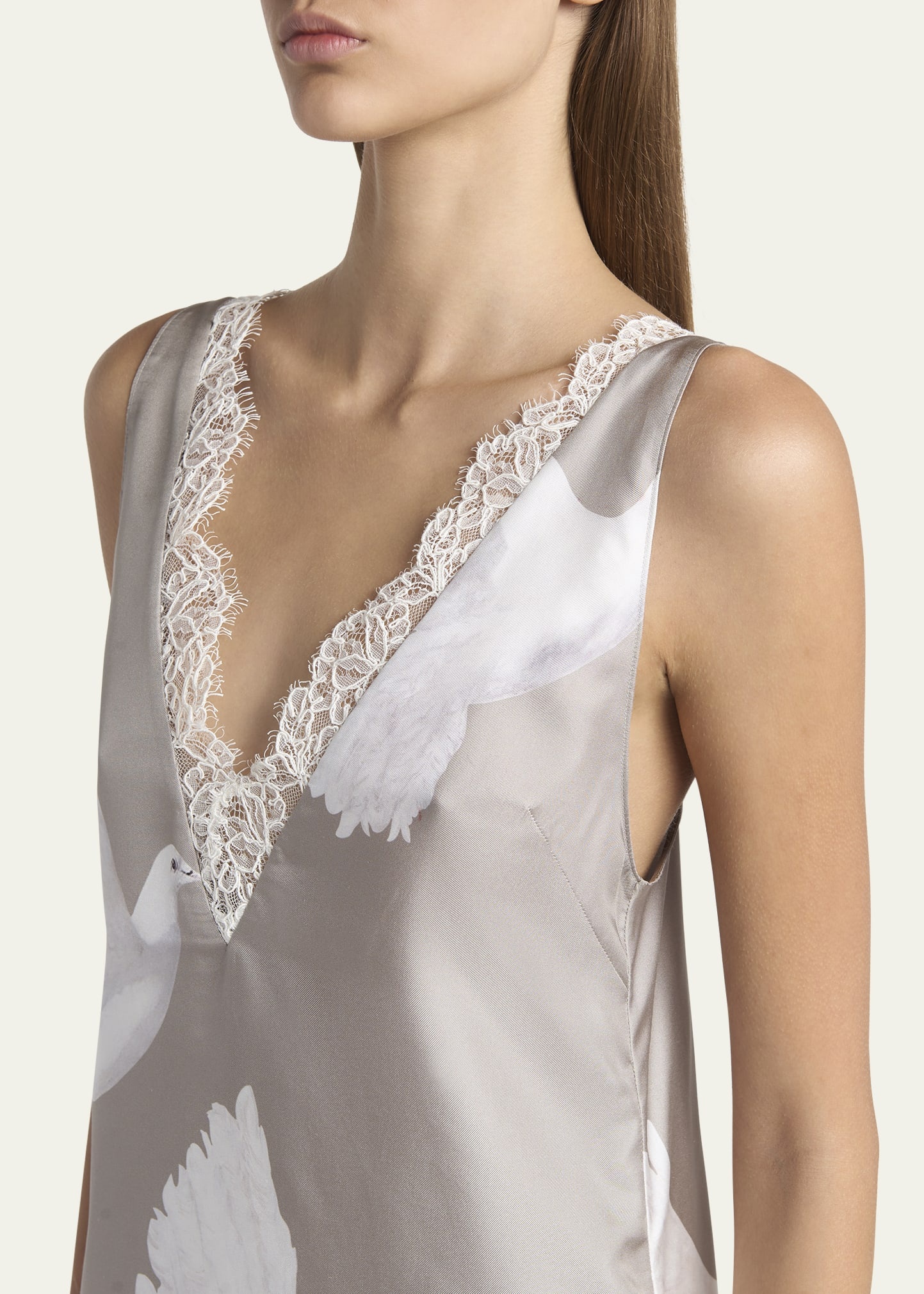 Dove Print Lace Trim Silk Slip Dress - 5