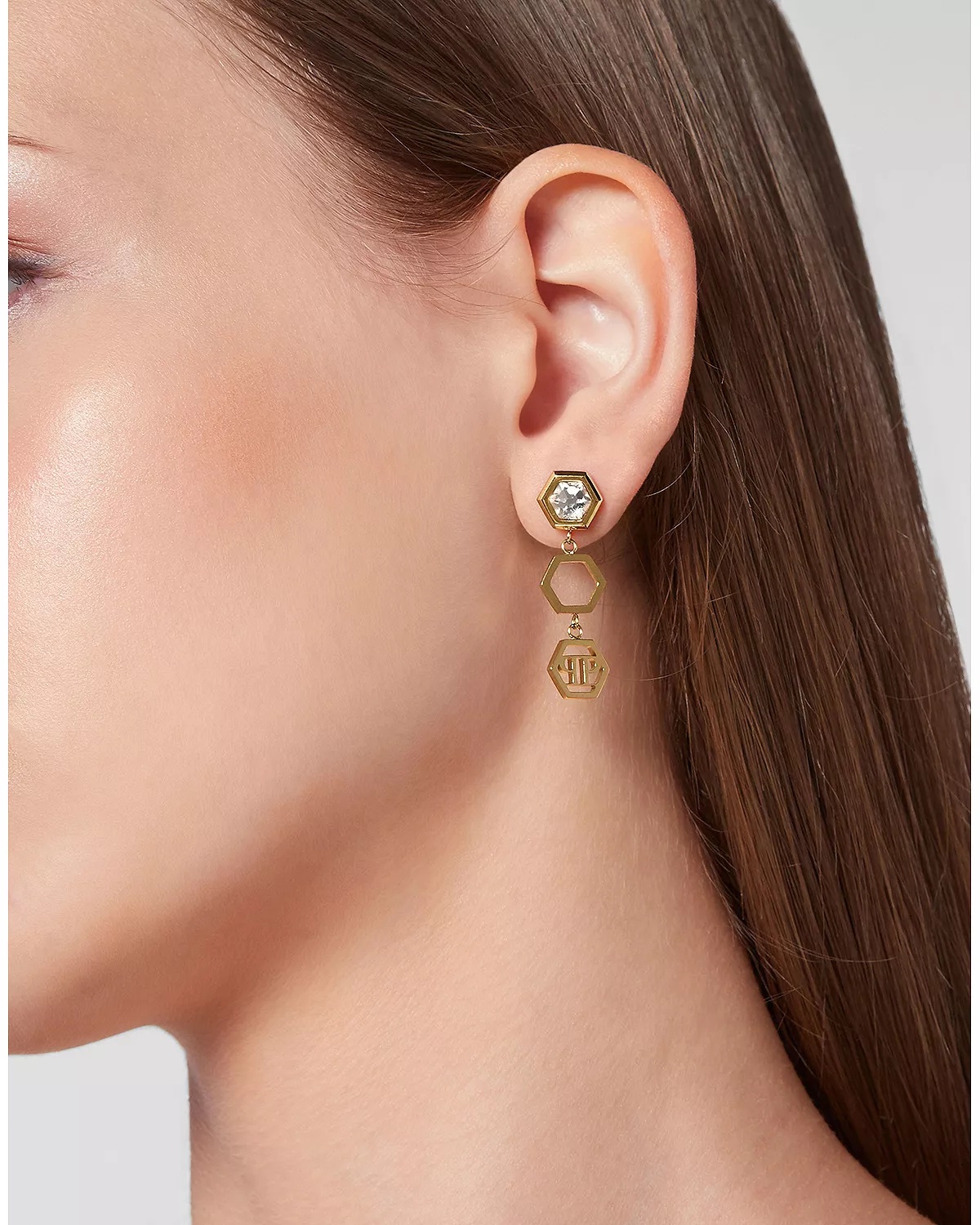 Hexagon Gold Tone Drop Earrings, 1.3"L - 2