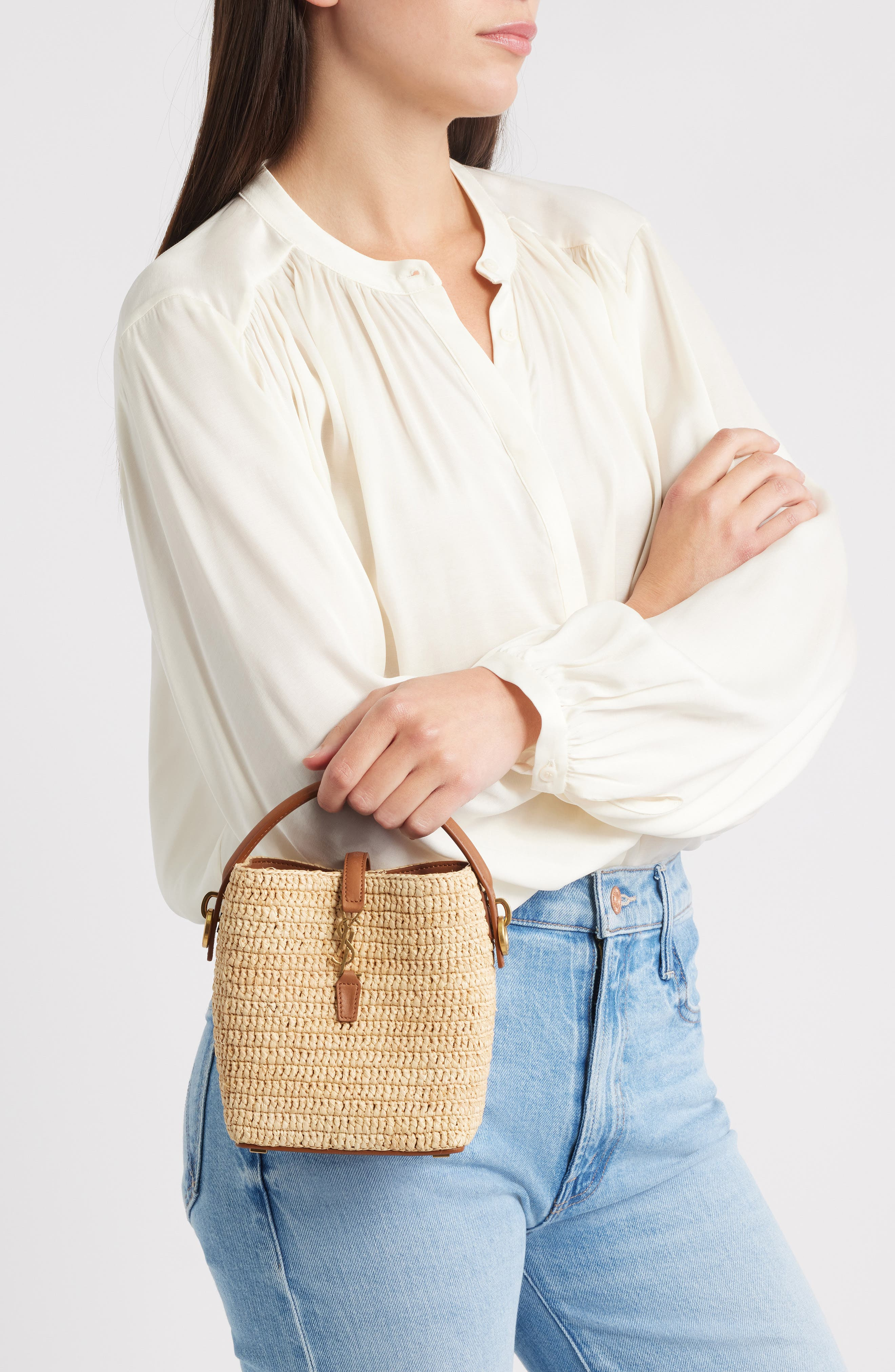 Saint Laurent Mini Le 37 Raffia Bucket Bag in Naturel/Brick at Nordstrom - 3