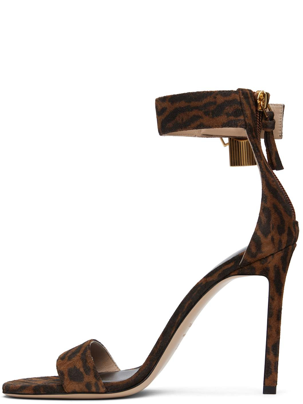 Brown Ocelot-Print Suede Padlock Heeled Sandals - 3