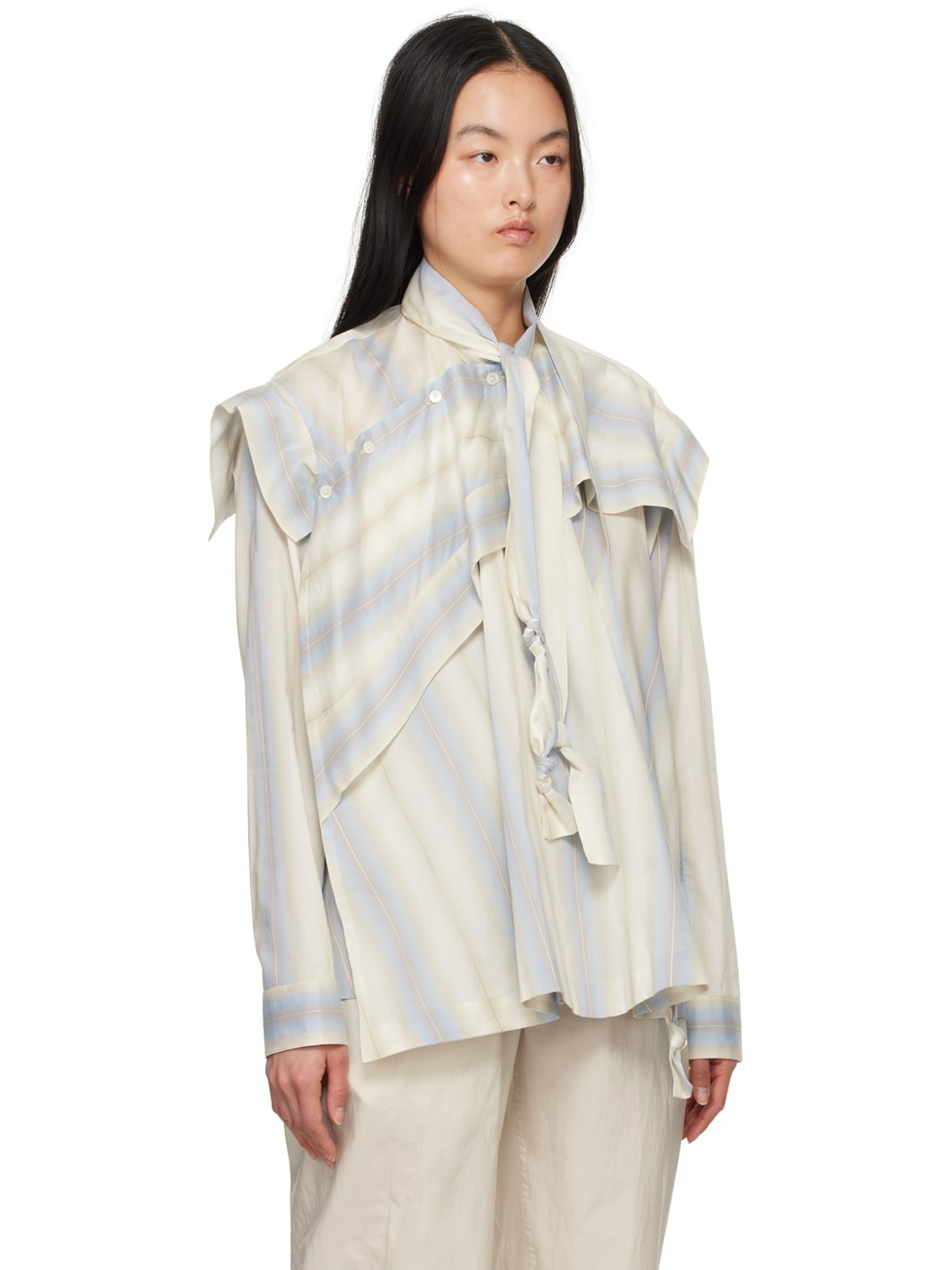 Blue & Off-White Asymmetrical Blouse - 2