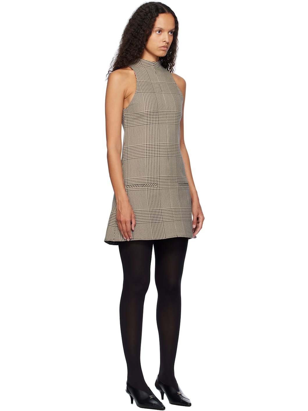 Beige & Brown Sleeveless Prince Of Wales A-Line Minidress - 2