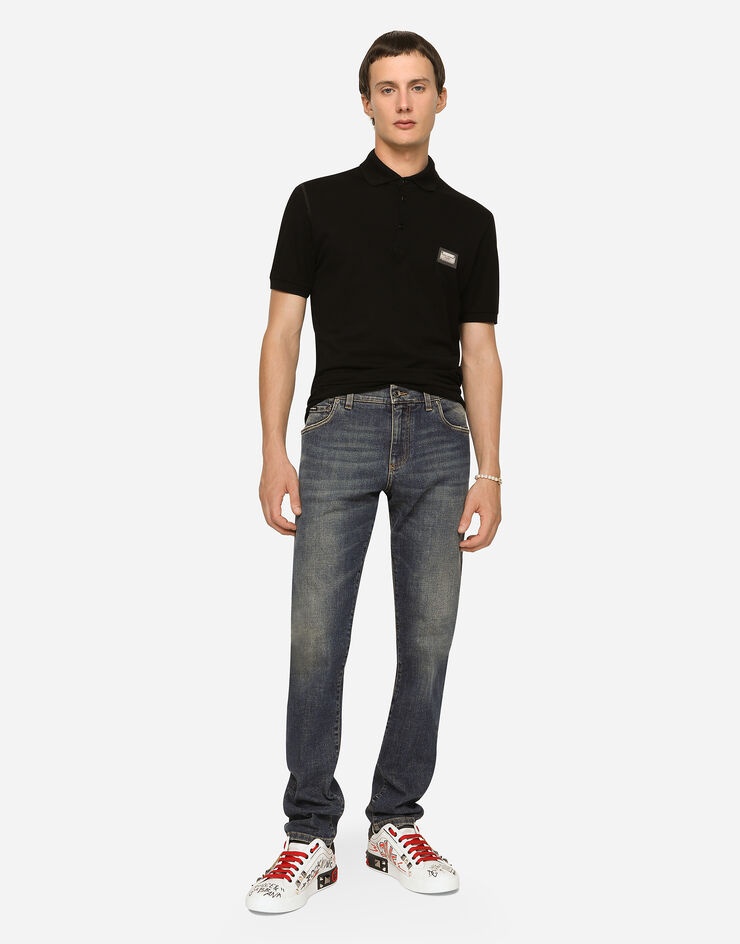 Cotton piqué polo-shirt with branded tag - 3