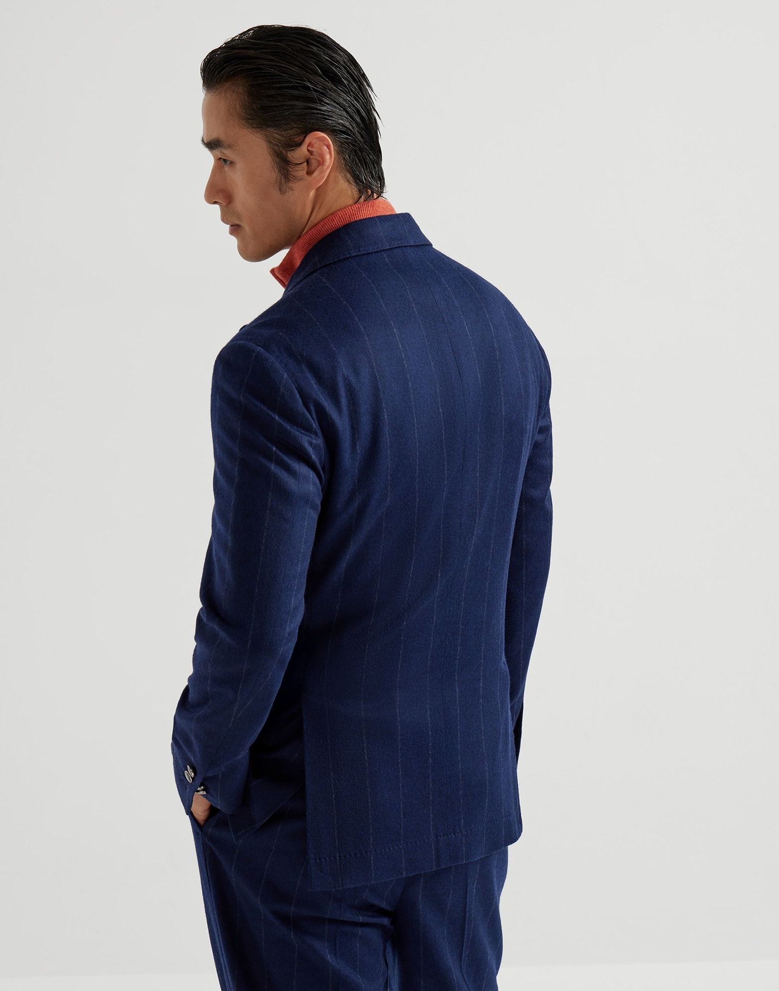 Wool and cashmere wide chalk stripe flannel deconstructed blazer with large peak lapels and metal bu - 2