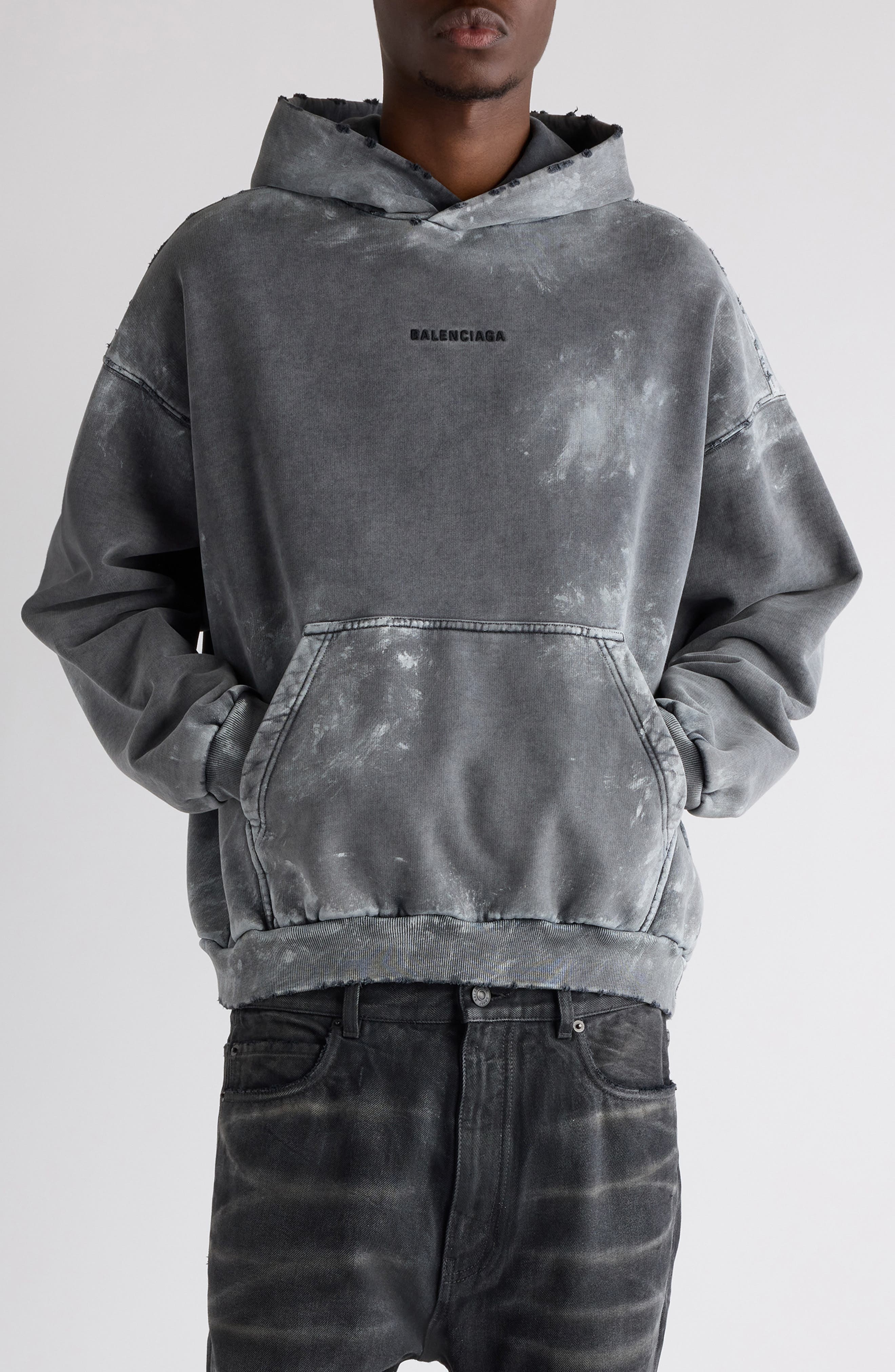 Balenciaga Medium Fit Distressed Archetype Fleece Hoodie in Sup Faded Wash Black/Black at Nordstrom - 1