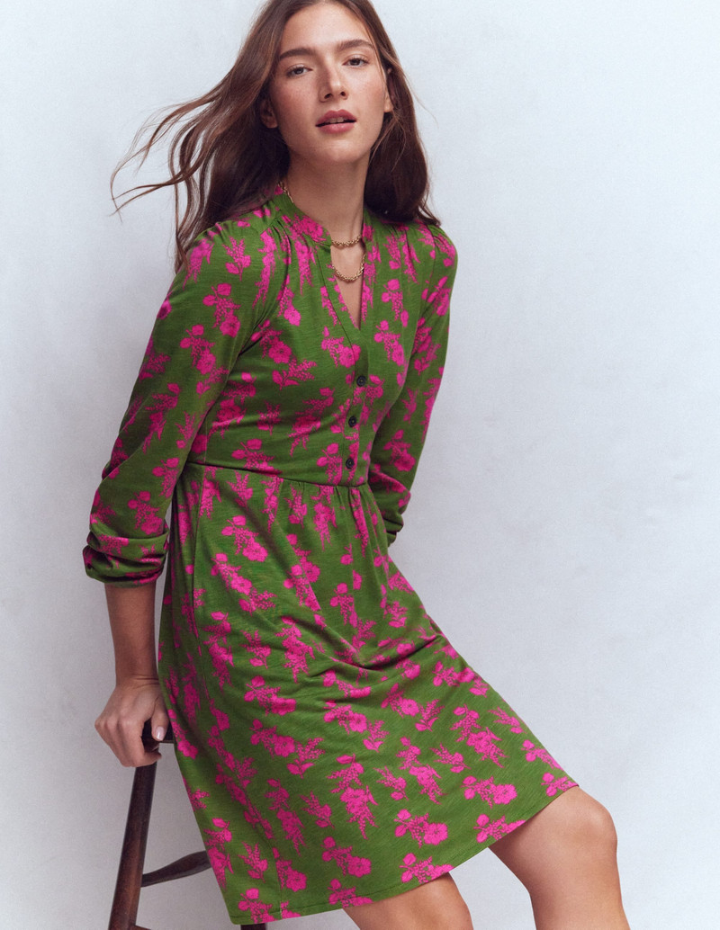 Amy Short Jersey Dress-Olive, Blossomy Sprig 3