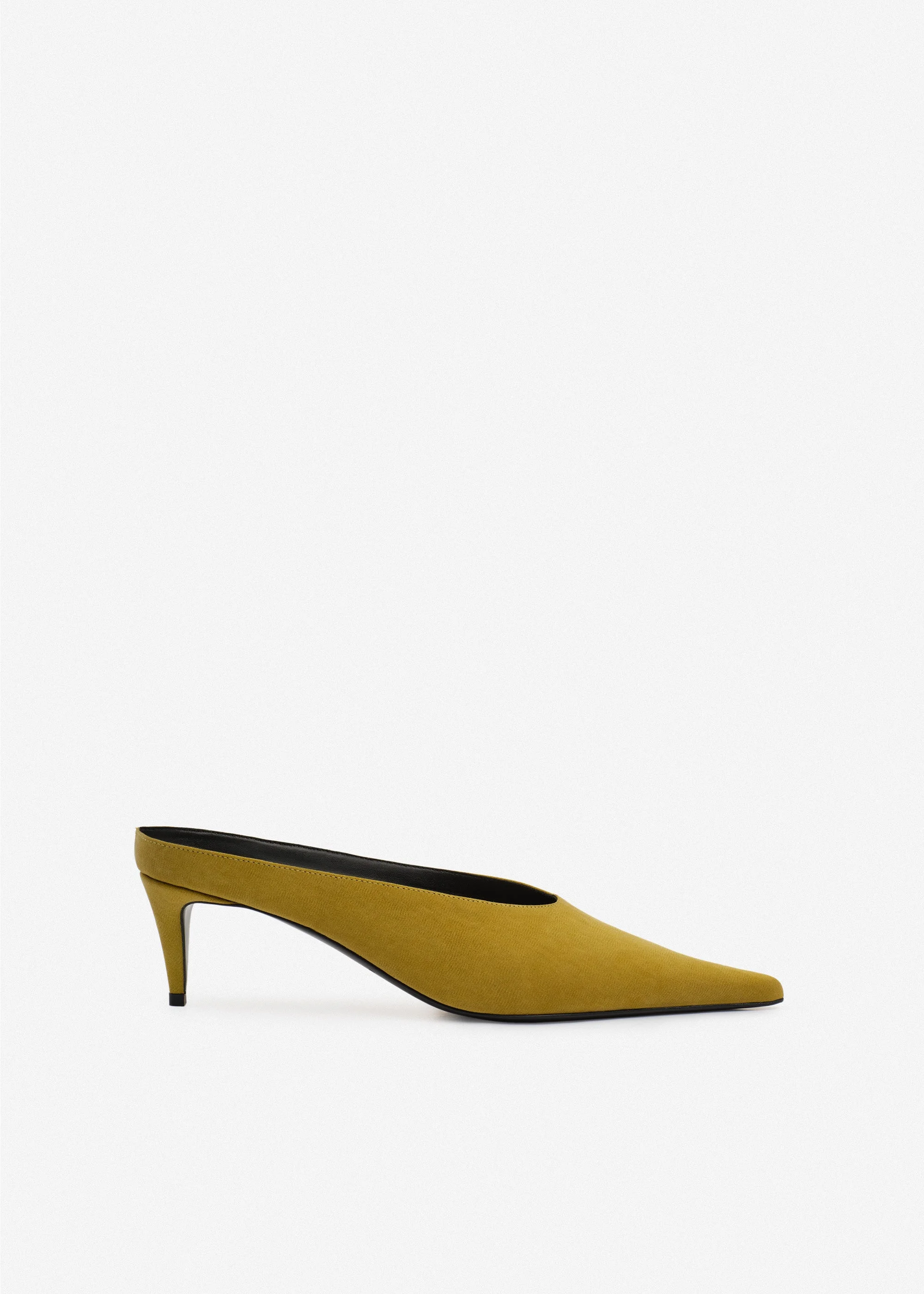 Pointed-toe kitten heel mules in green satin - 1