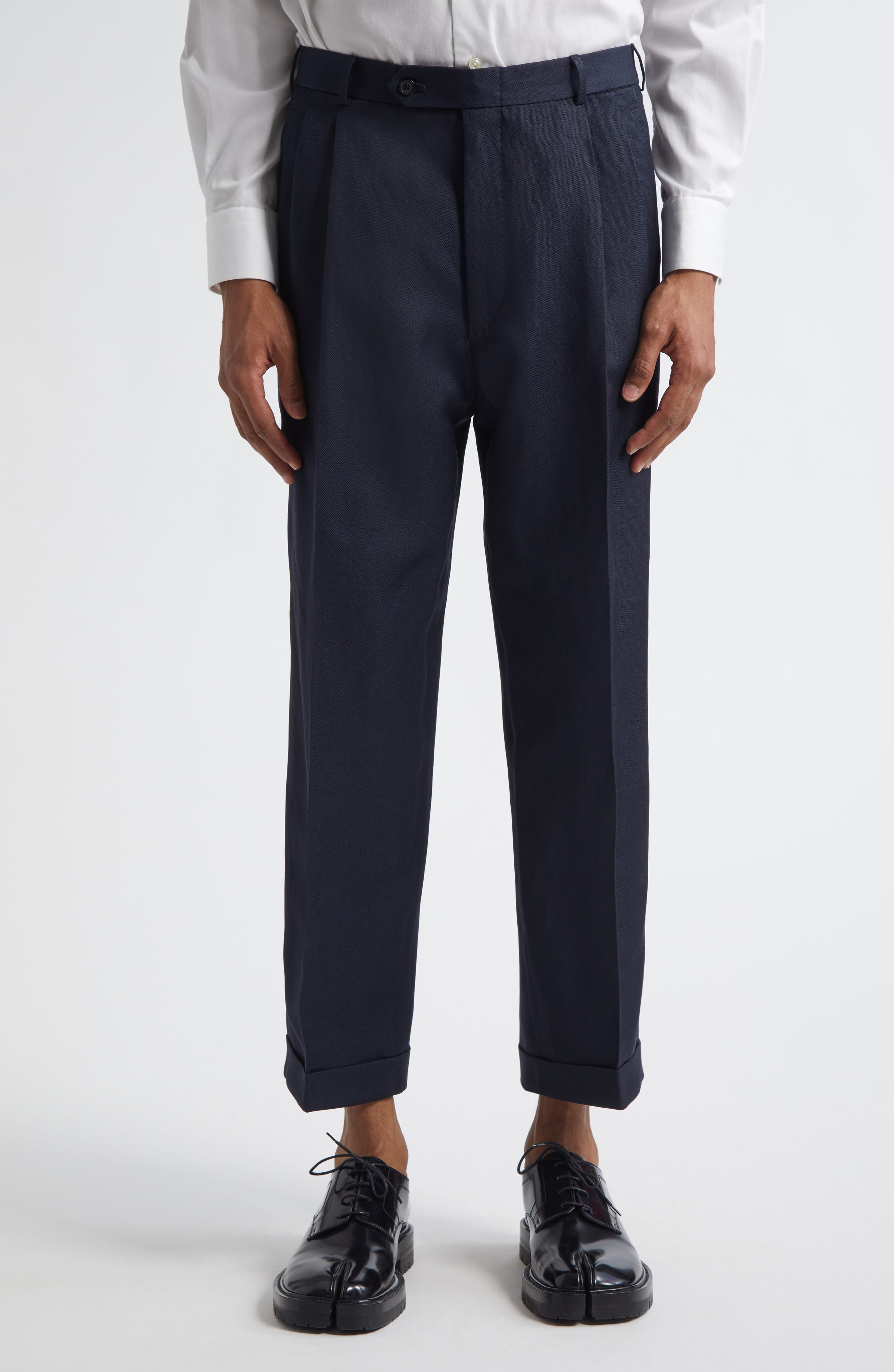 Maison Margiela Pleated Crop Barathea Straight Leg Pants in Blue at Nordstrom - 1