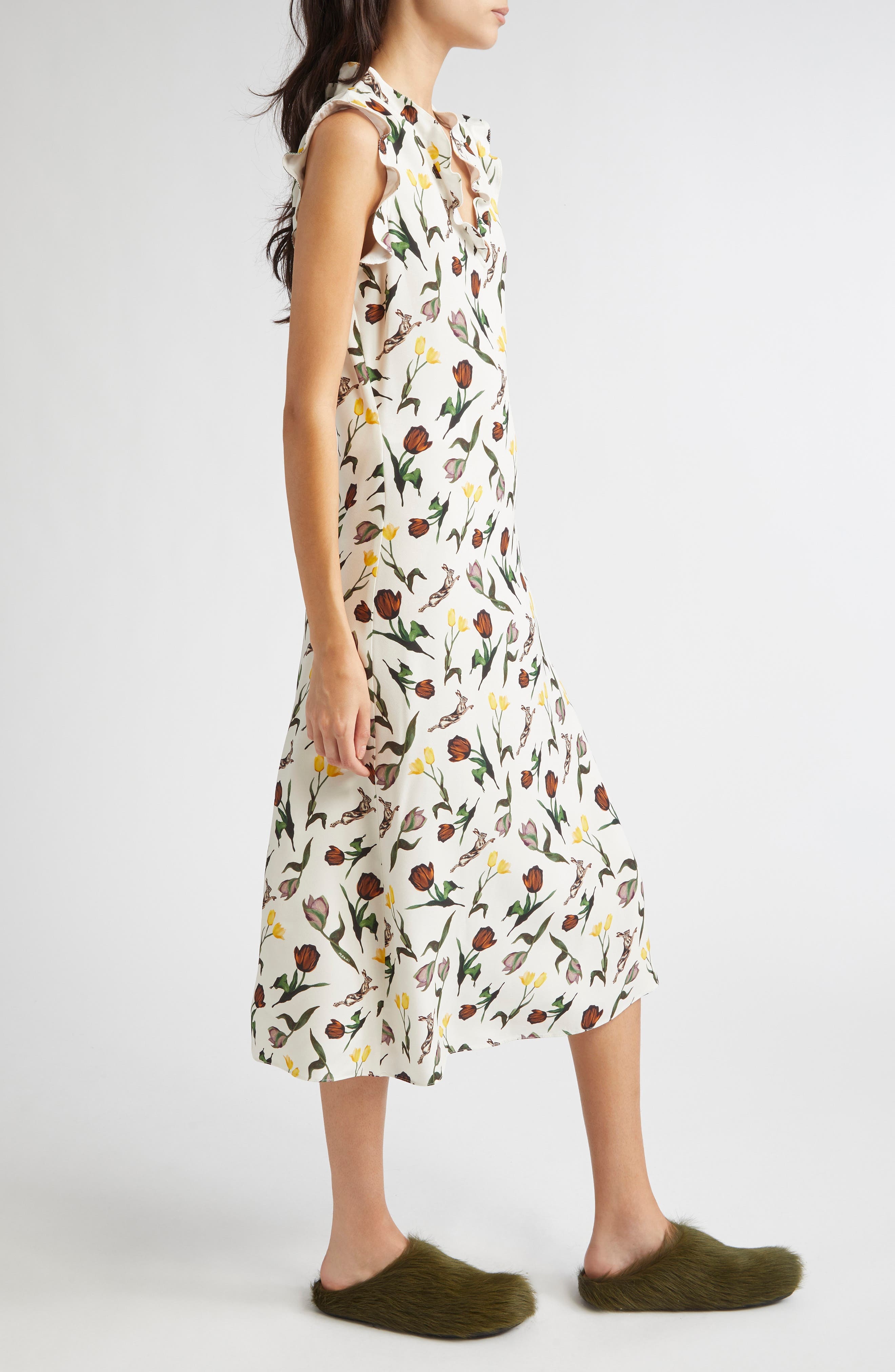 Marni Tulips & Hares Ruffle Satin Midi Dress in Limestone at Nordstrom - 3