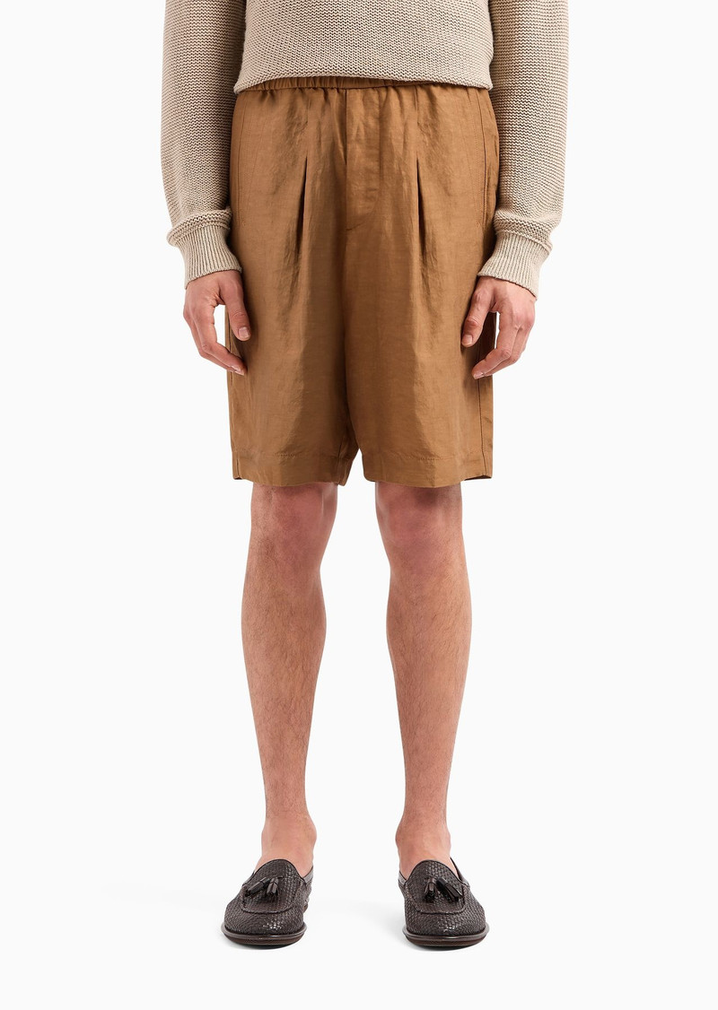 GIORGIO ARMANI Viscose and linen canvas single-pleated Bermuda shorts outlook