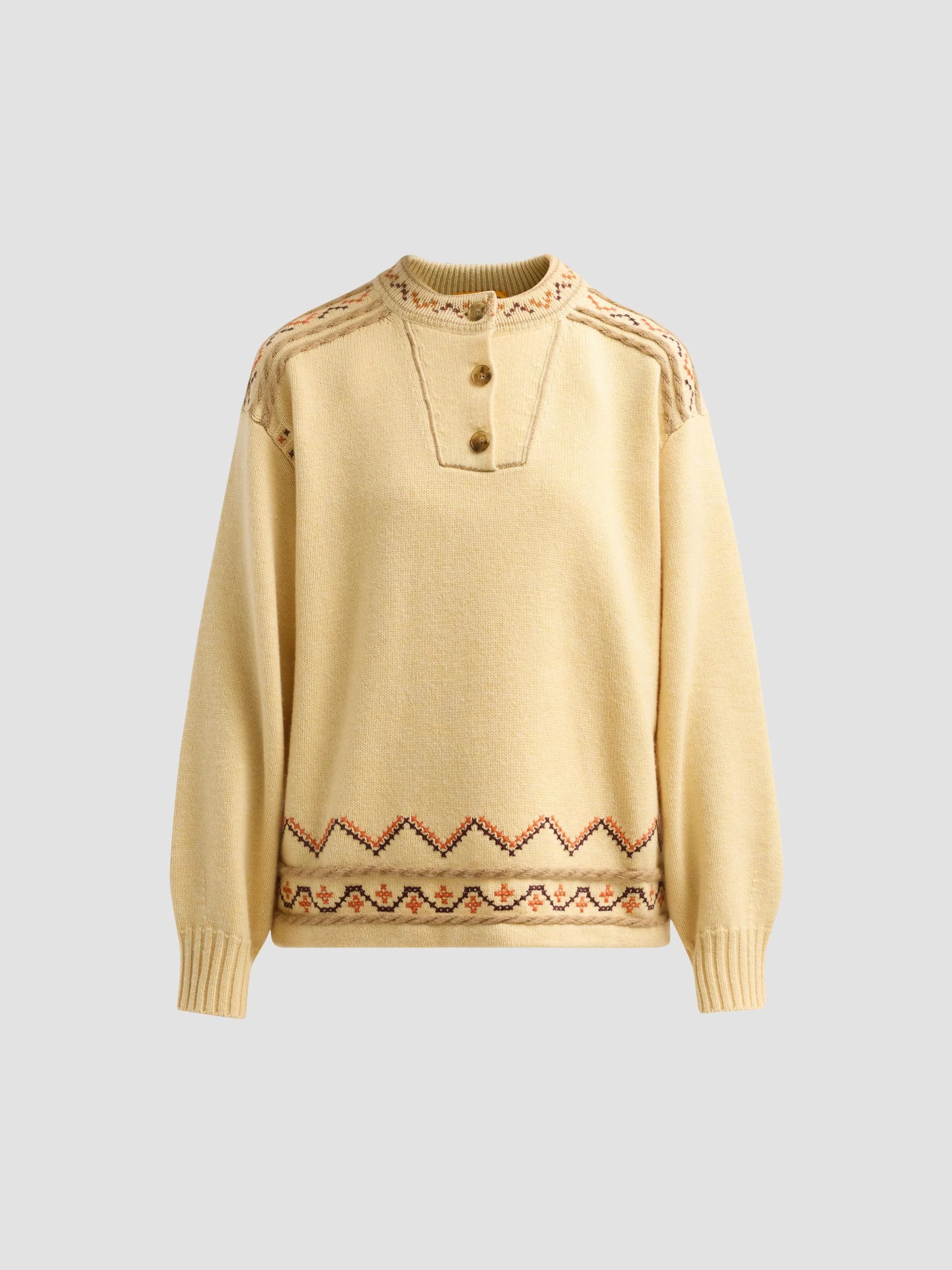 Women's Fisherman Embroidered Cashmere-Wool Henley Sweater - Butter - 1