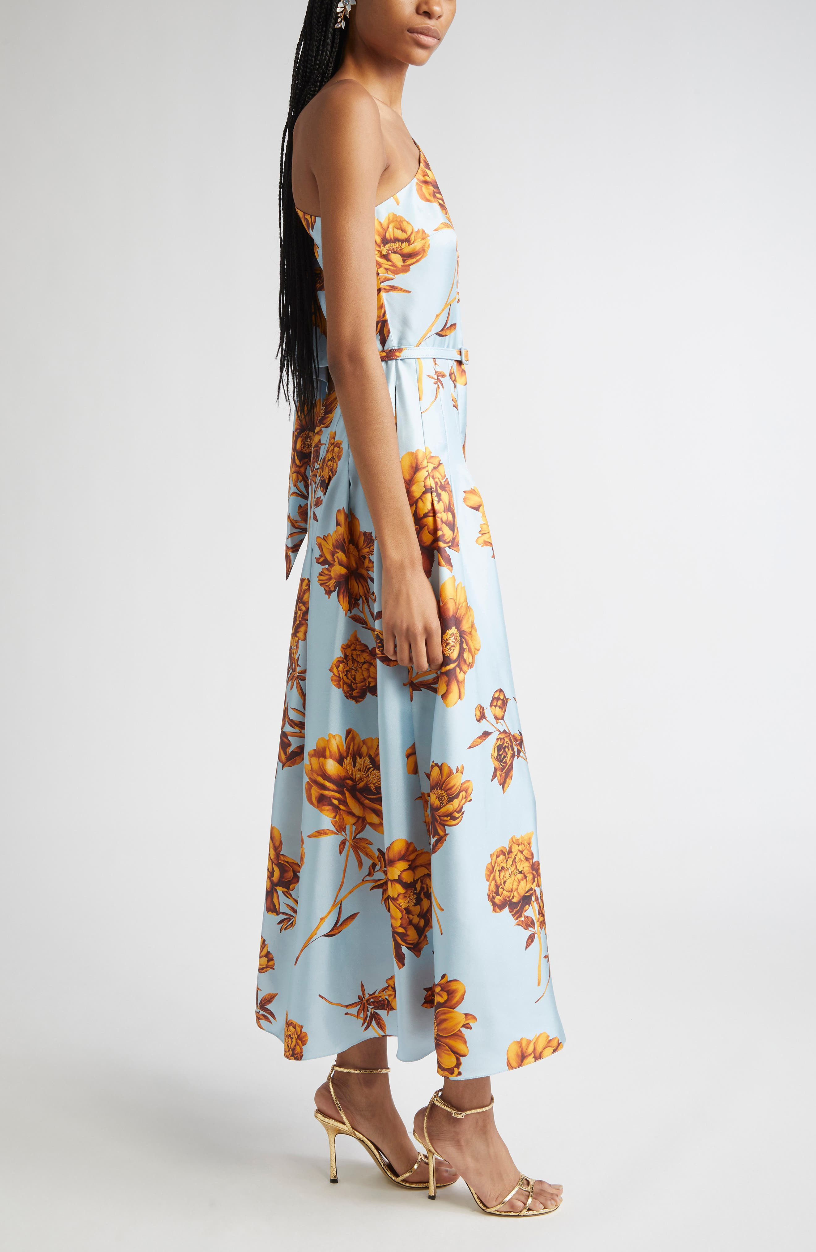 Oscar de la Renta Peony One-Shoulder Silk Twill Midi Dress in Brown/ice Blue at Nordstrom - 3