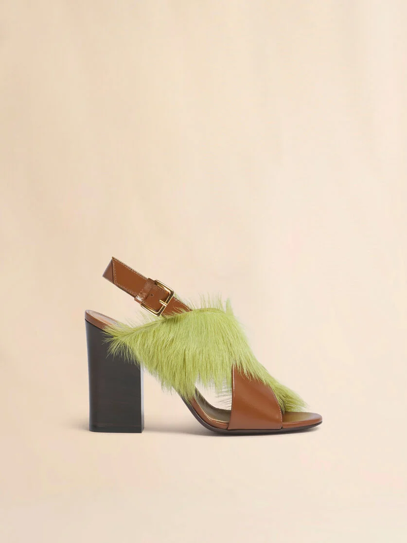 BROWN AND GREEN LEATHER AND LONG-HAIR CRISS-CROSS SANDAL - 1