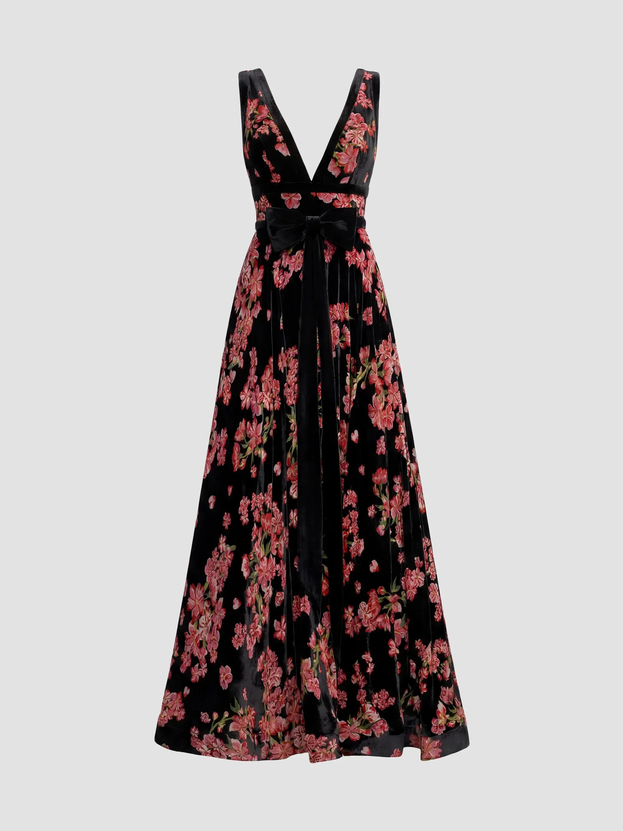 Women's Floral Velvet Plunging V-Neck Ball Gown - Black Multi - 1