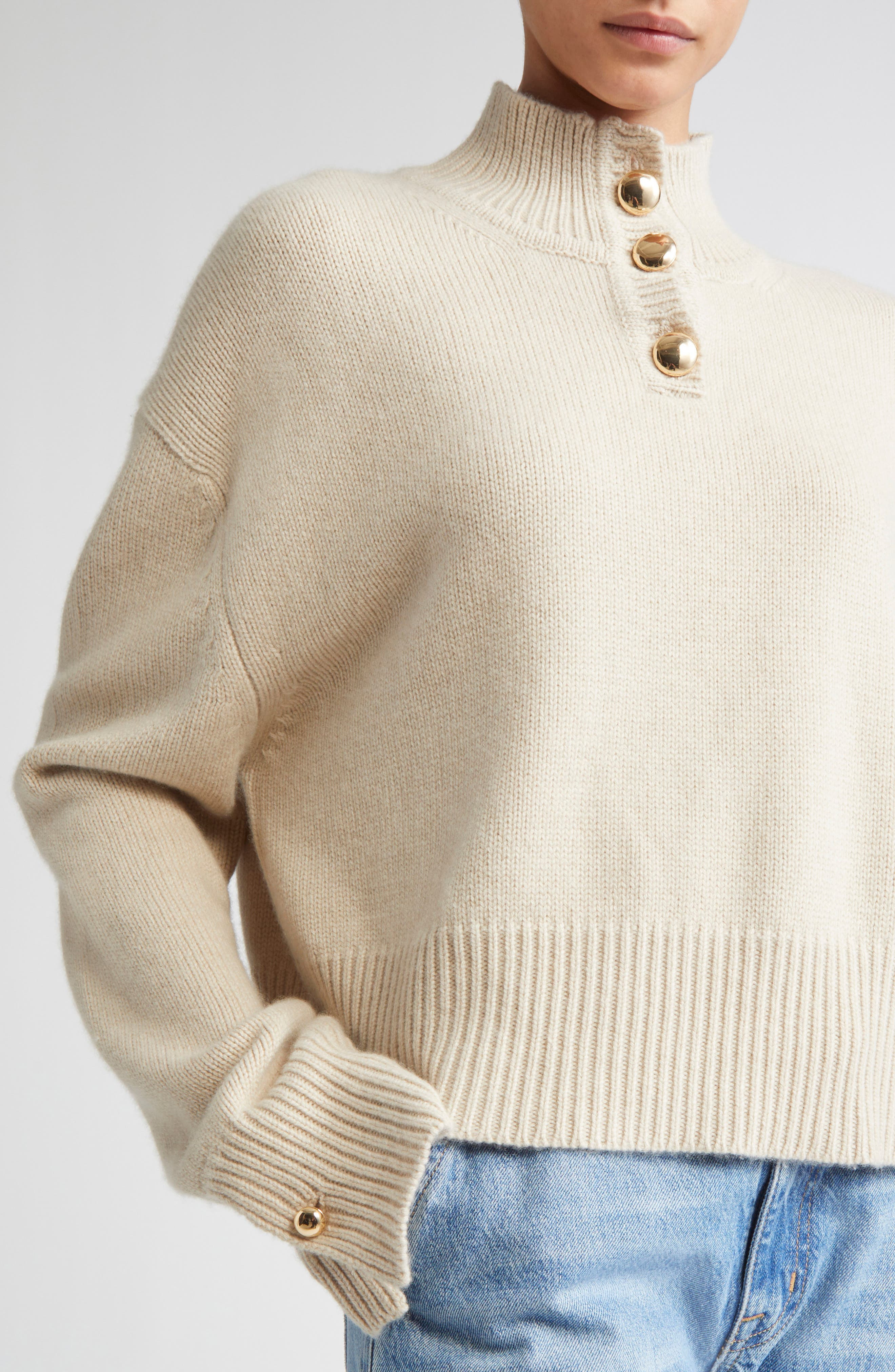 Brandon Maxwell The Rowe Crop Cashmere Henley Sweater in Oatmeal at Nordstrom - 5