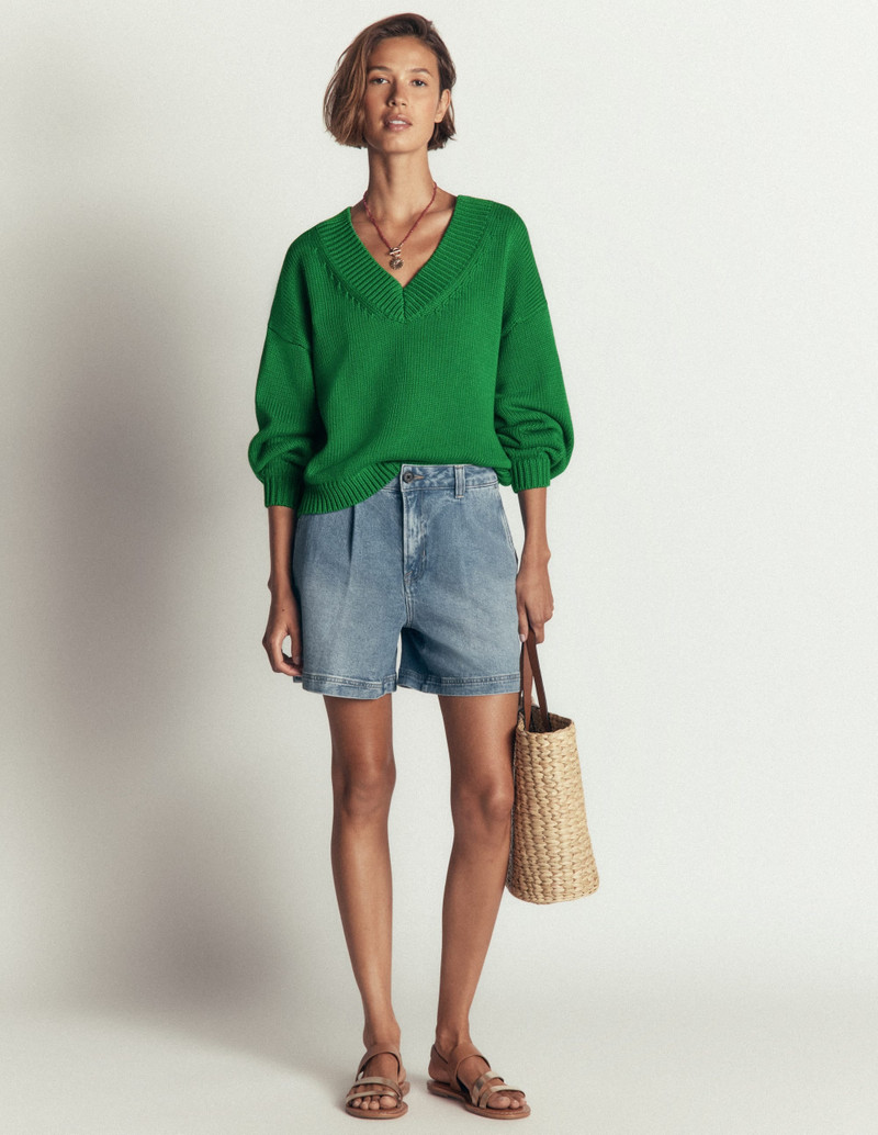 Lucy Cotton V-neck Sweater-Highland Green 7