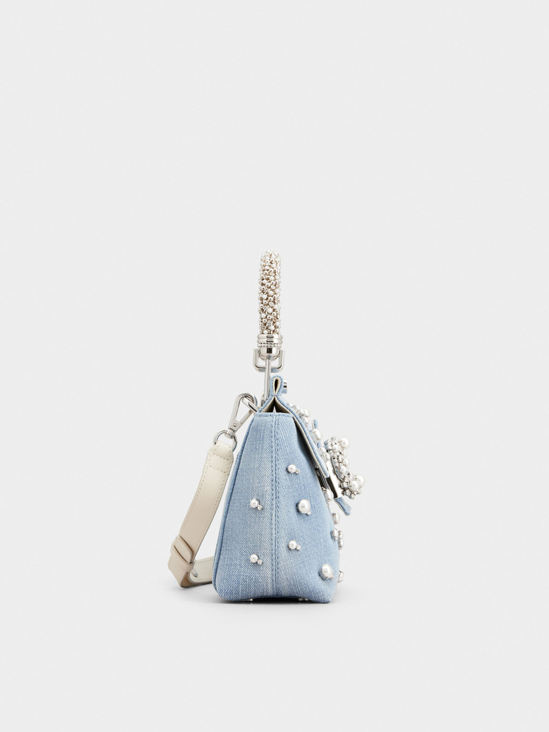 Viv' Cabas Jewel Flower Strass Pearl Buckle Mini Bag in Denim 3