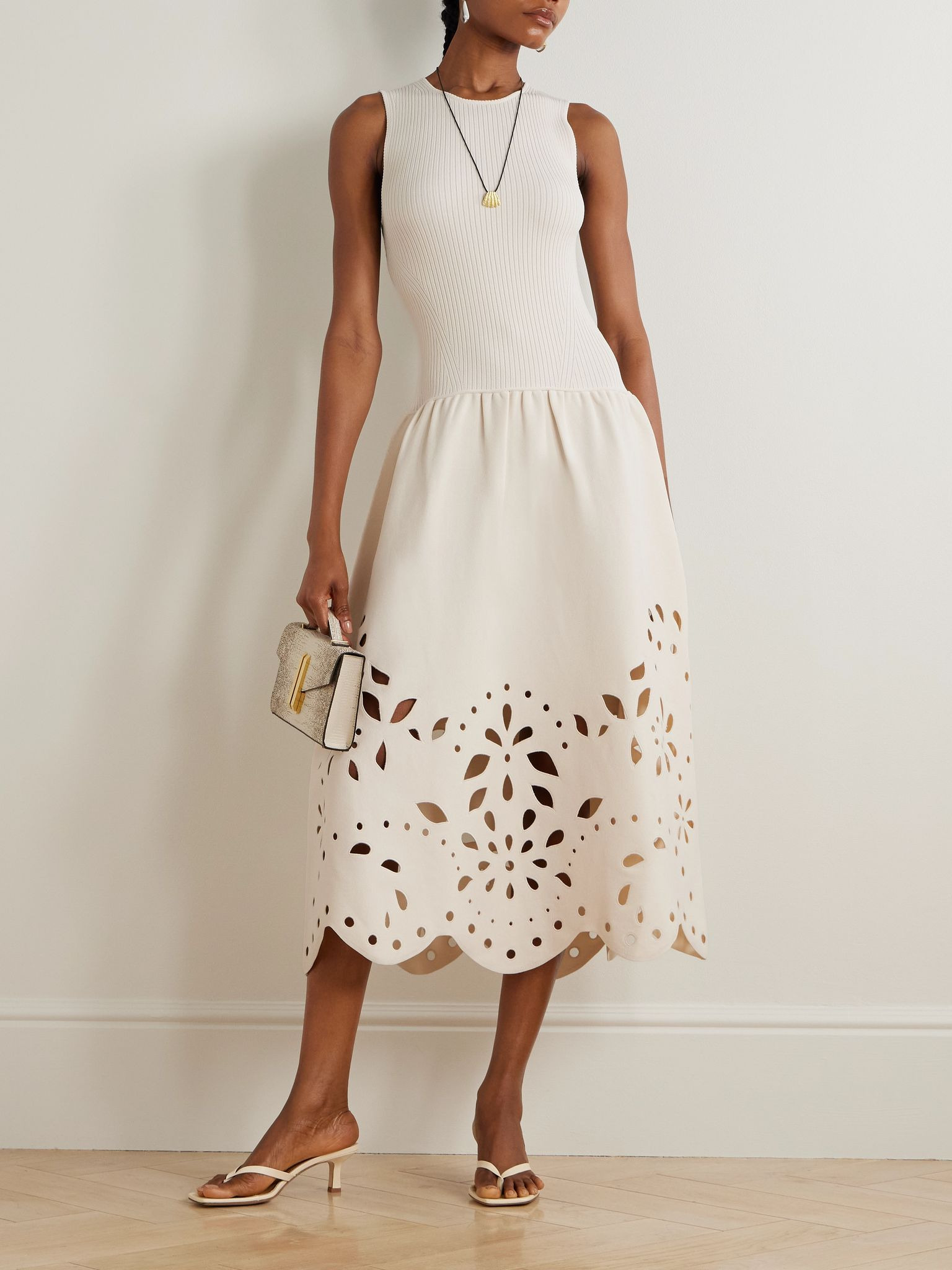 Rosaline ribbed-knit and broderie anglaise jersey midi dress Cream - 2