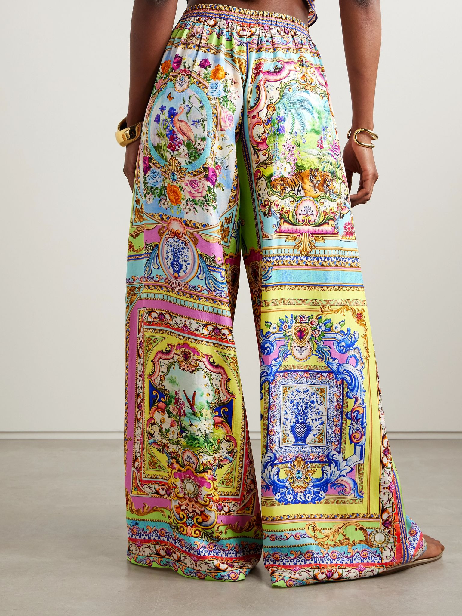 Pleated crystal-embellished printed silk-twill wide-leg pants Multi - 4
