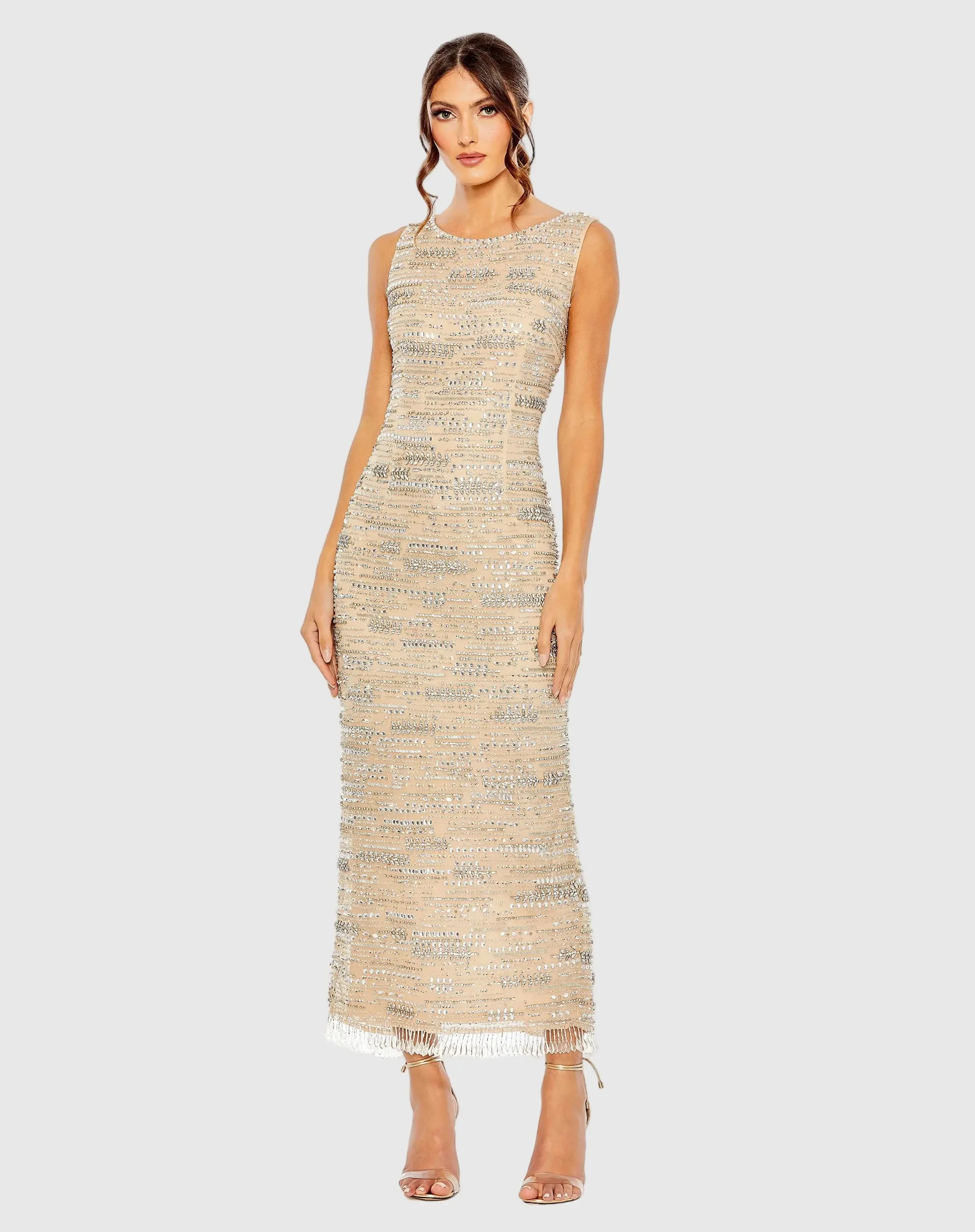 Beige Sleeveless Embellished Dress With Fringe Hem - 1