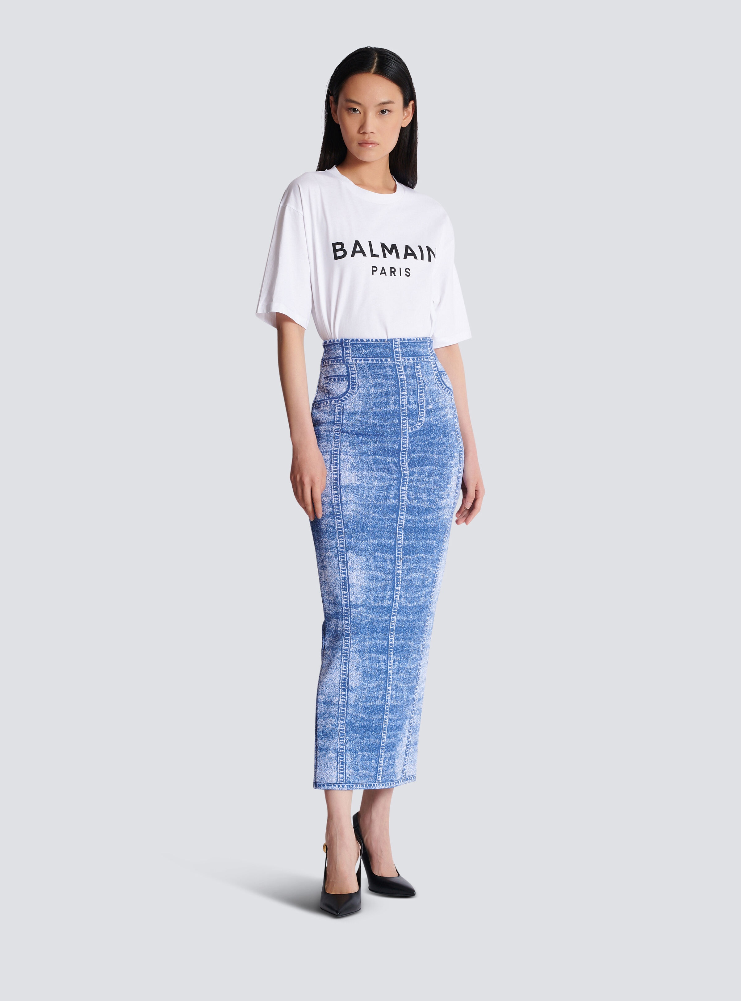 Midi skirt in jacquard knit with denim effect - 3