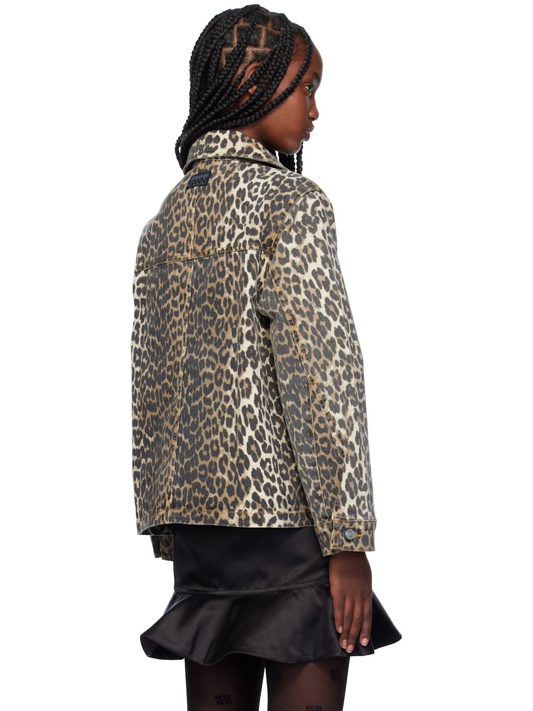 Beige & Brown Leopard Printed Denim Jacket - 3
