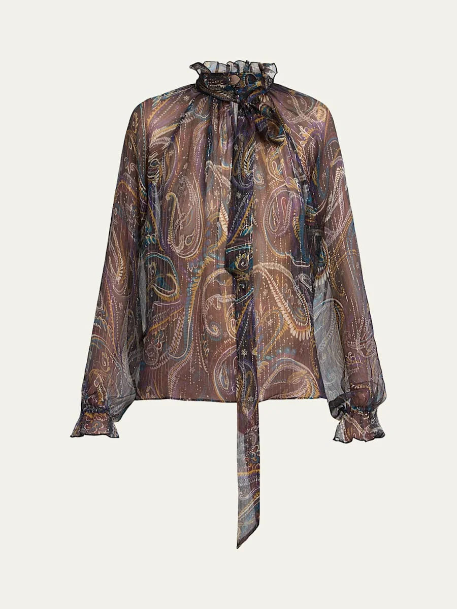 Paisley Semi-Sheer Silk Blouse - 1