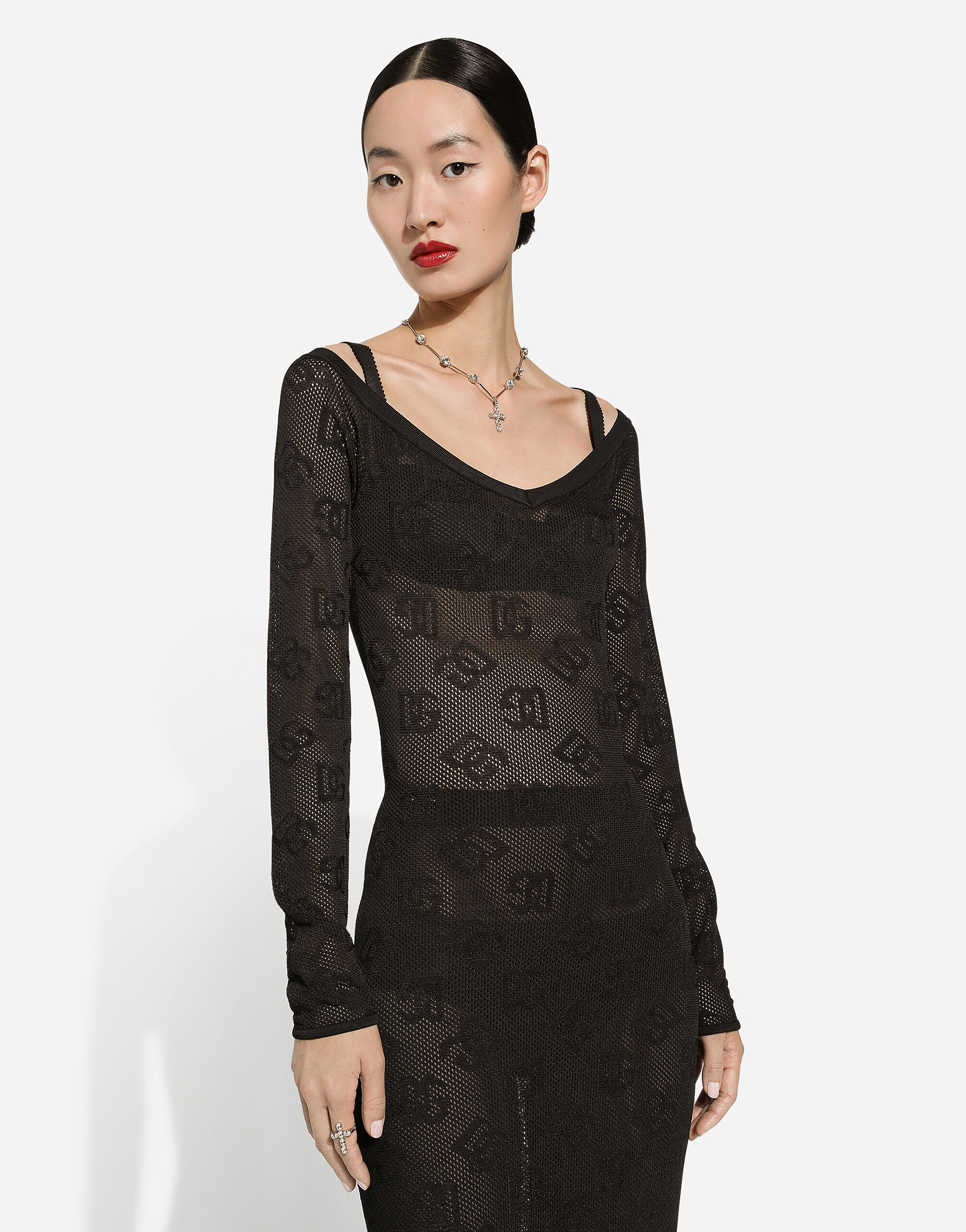 Mesh-stitch sheath dress with jacquard DG logo - 4