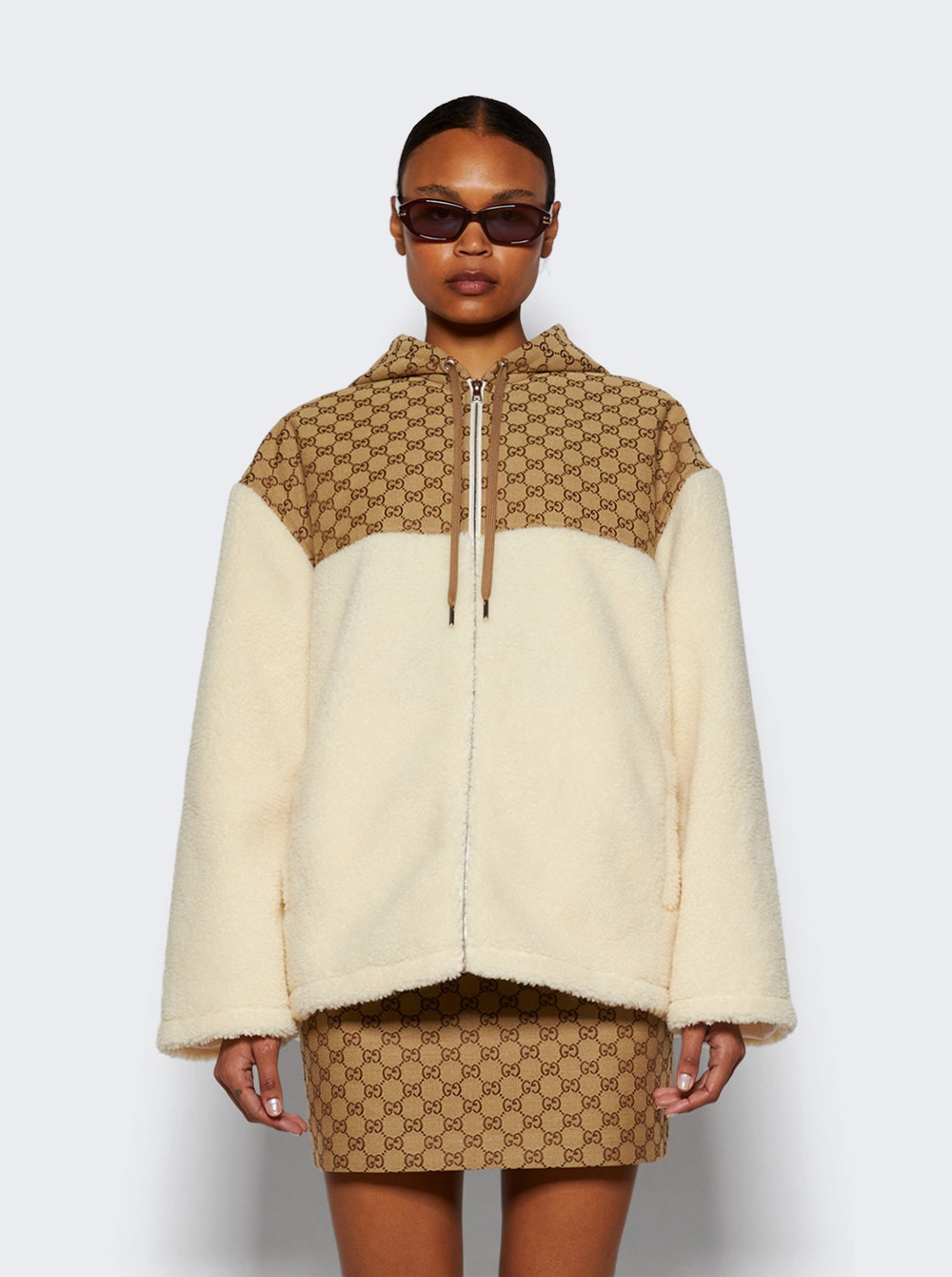 Gg Intarsia Wool Fleece Zip Jacket Off White And Camel - 3