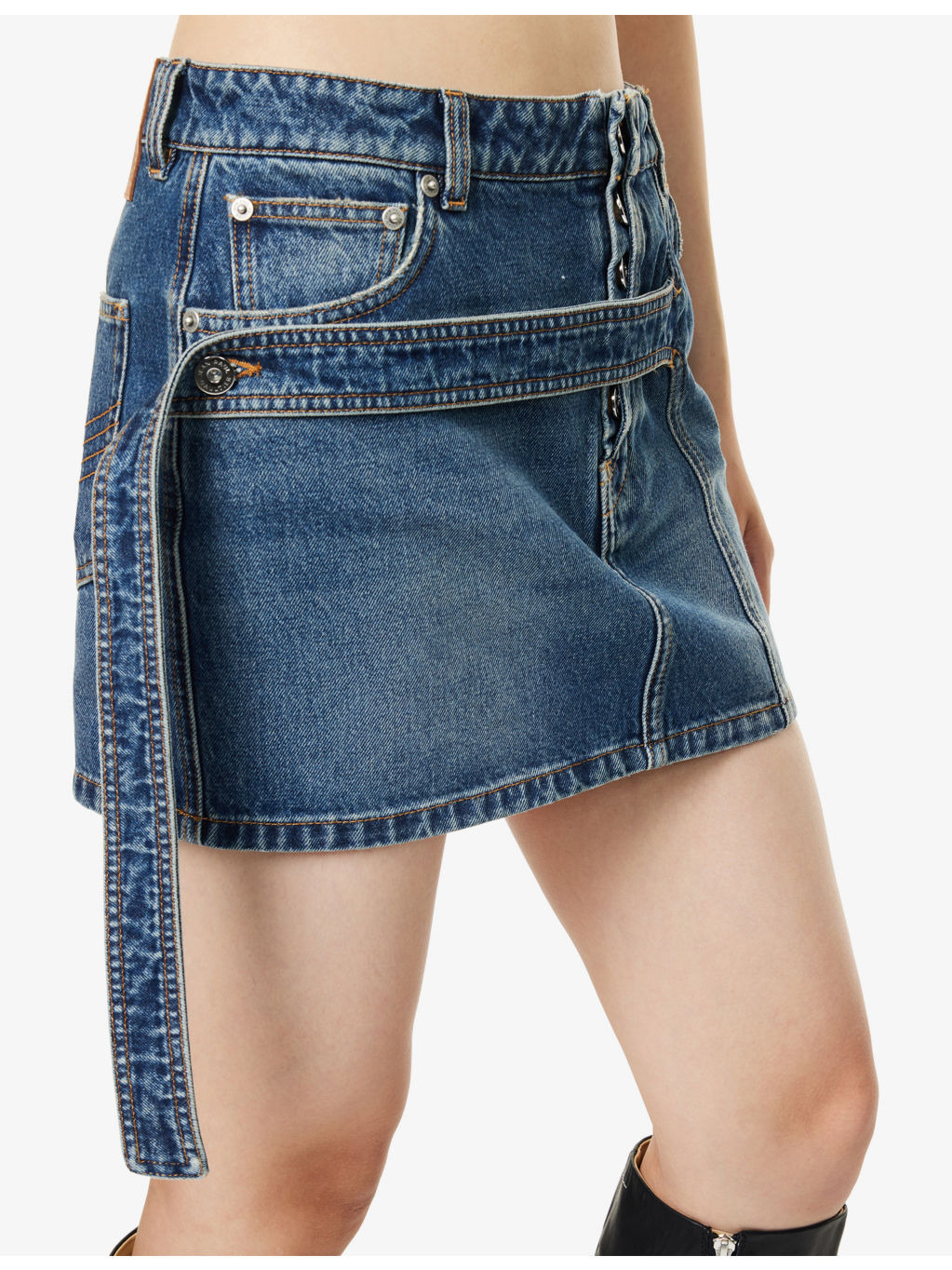 Front-Strap Denim Mini Skirt - 5