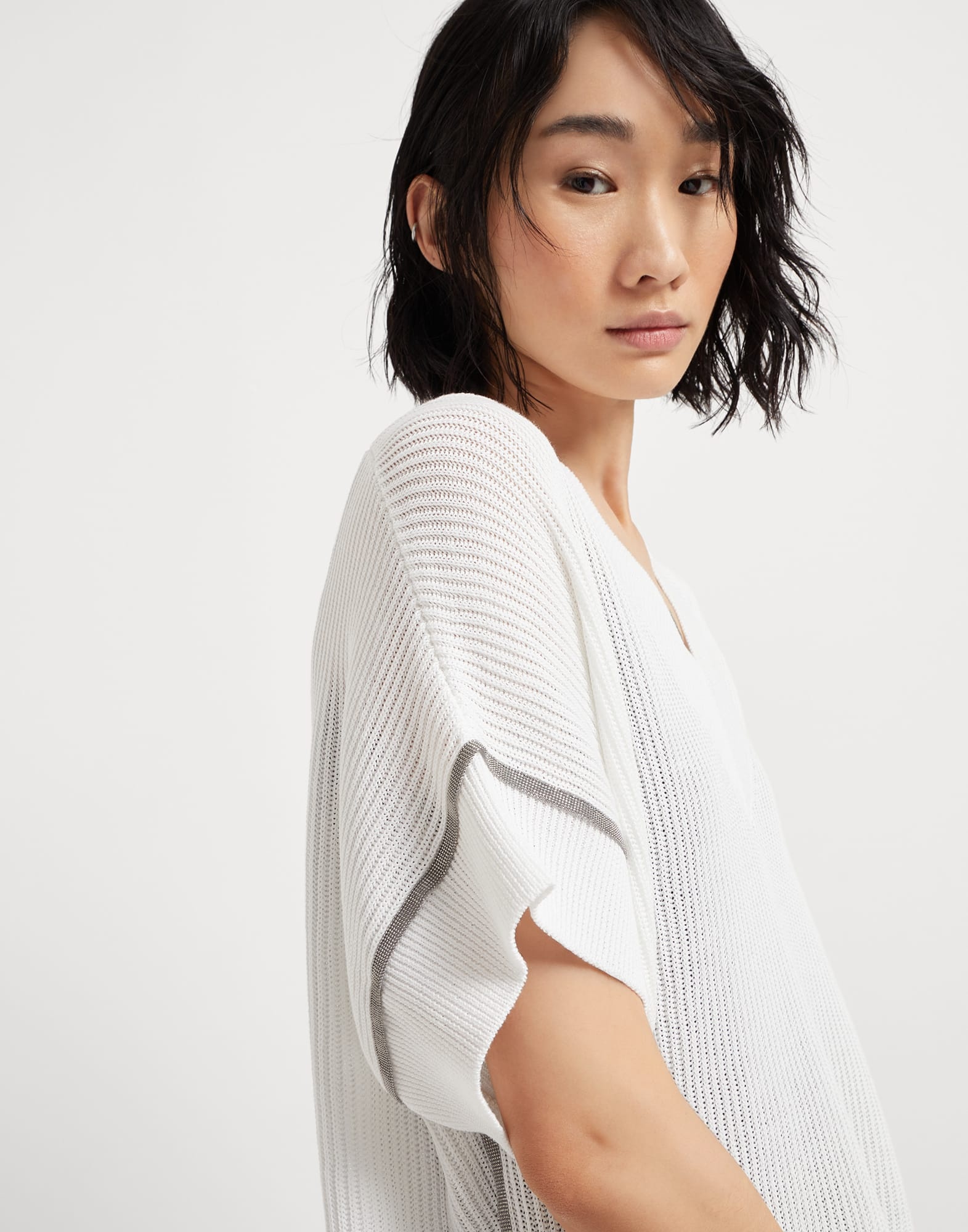 Cotton English rib knit T-shirt with precious trims - 3