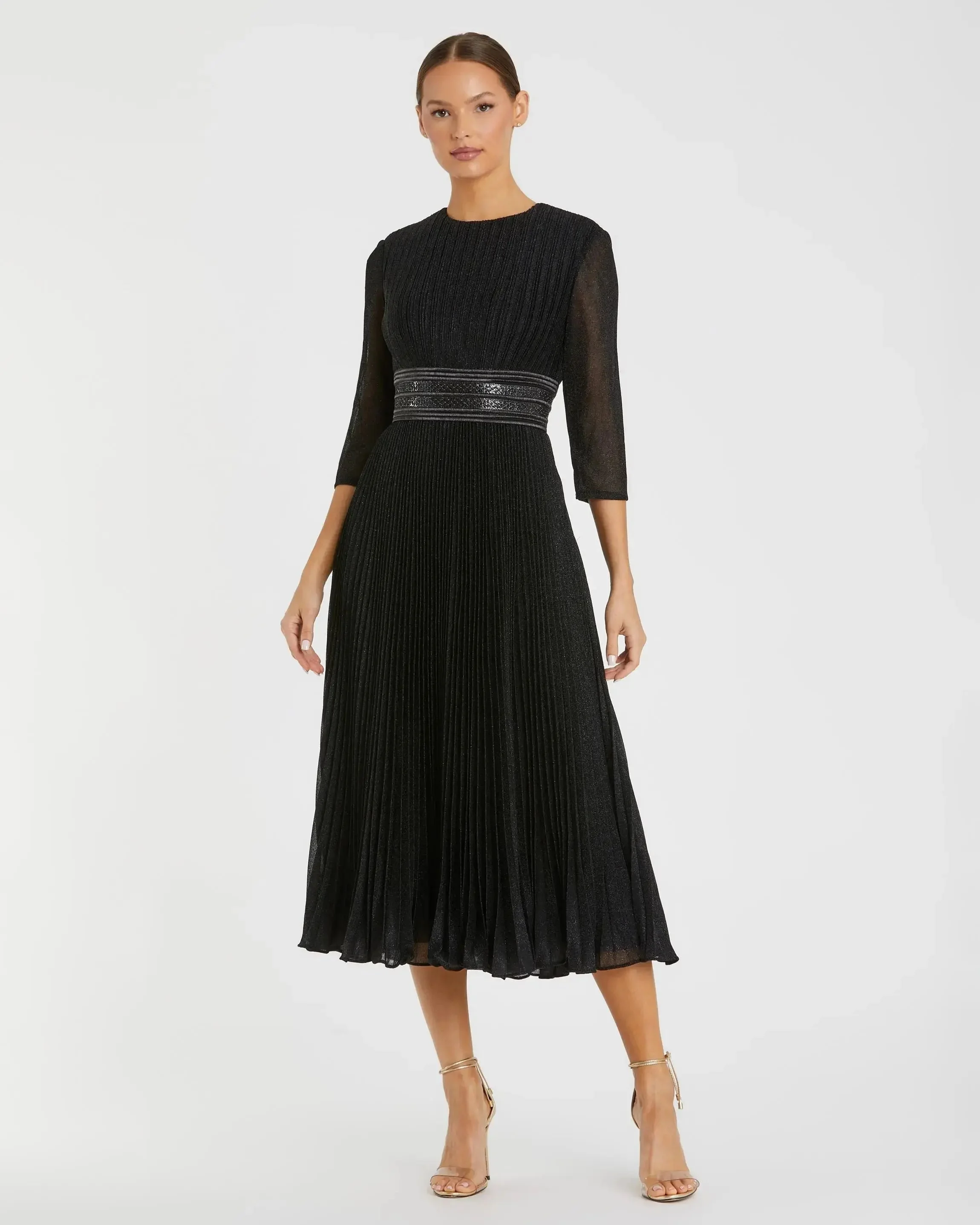 Black Shimmering 3/4 Sleeve A-Line Midi Dress - 1