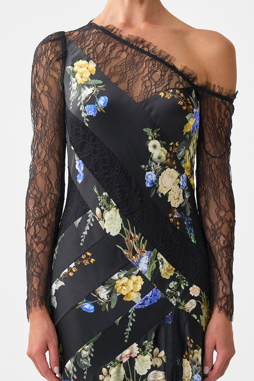 LACE SPLICE ONE SHOULDER DRESS - 5