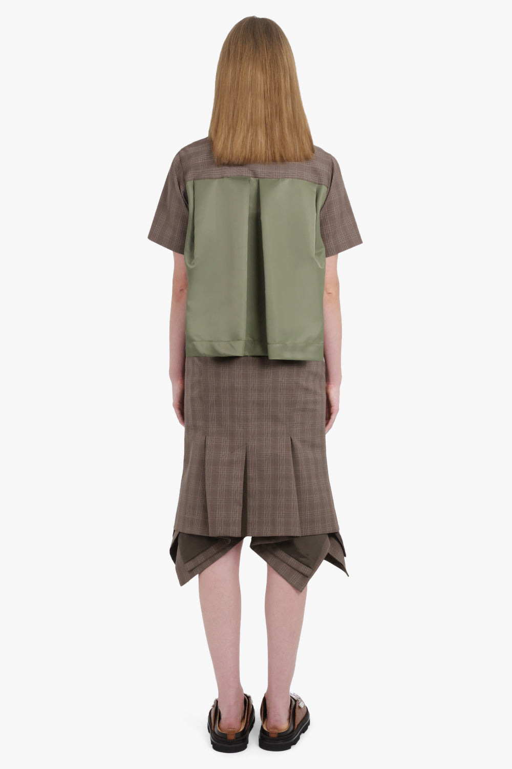 ASYMMETRIC FLARED HEM CHECK MIDI SKIRT WITH BUTTON DETAIL | BROWN - 5