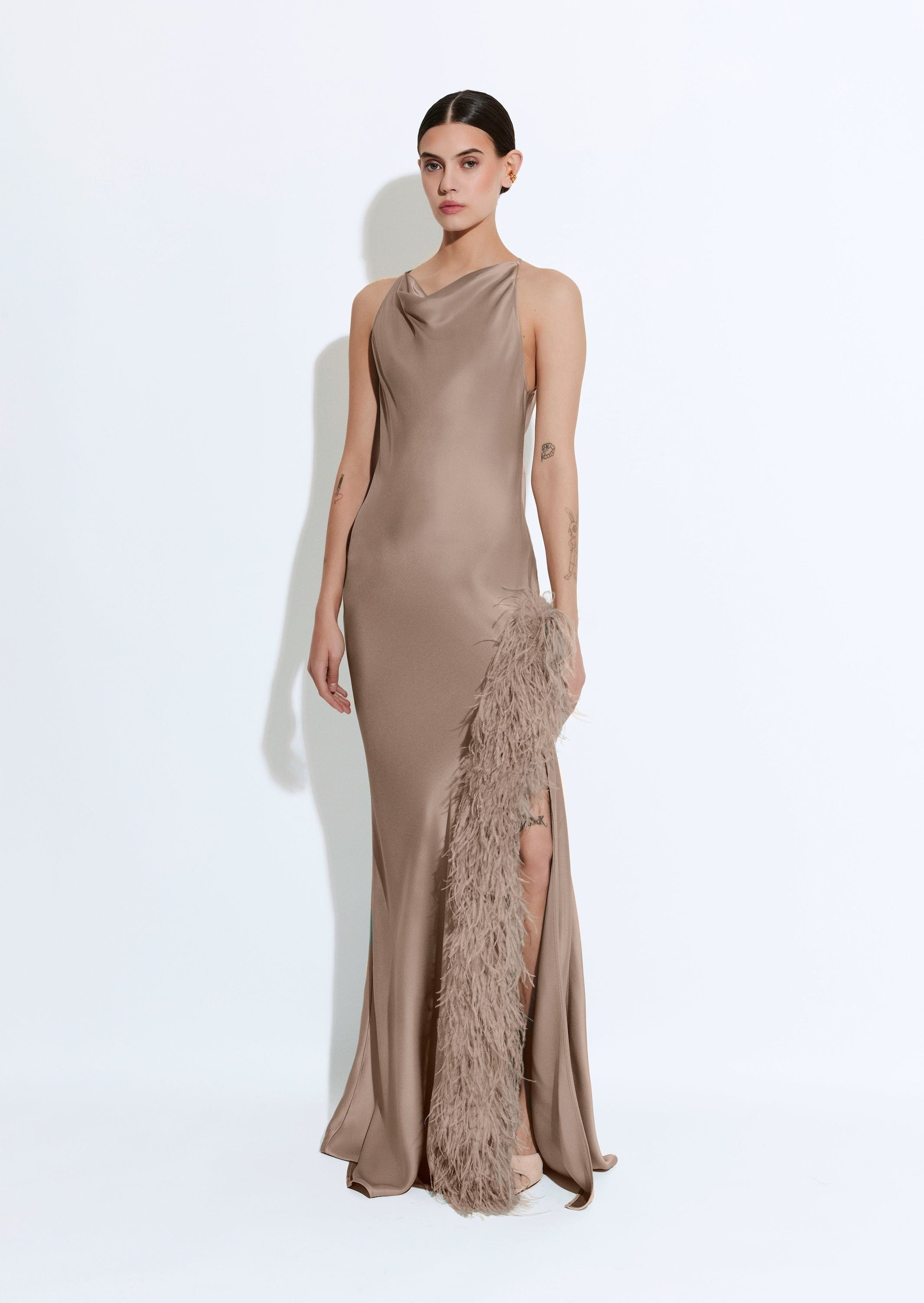 Satin Halter Gown With Feathers - 2