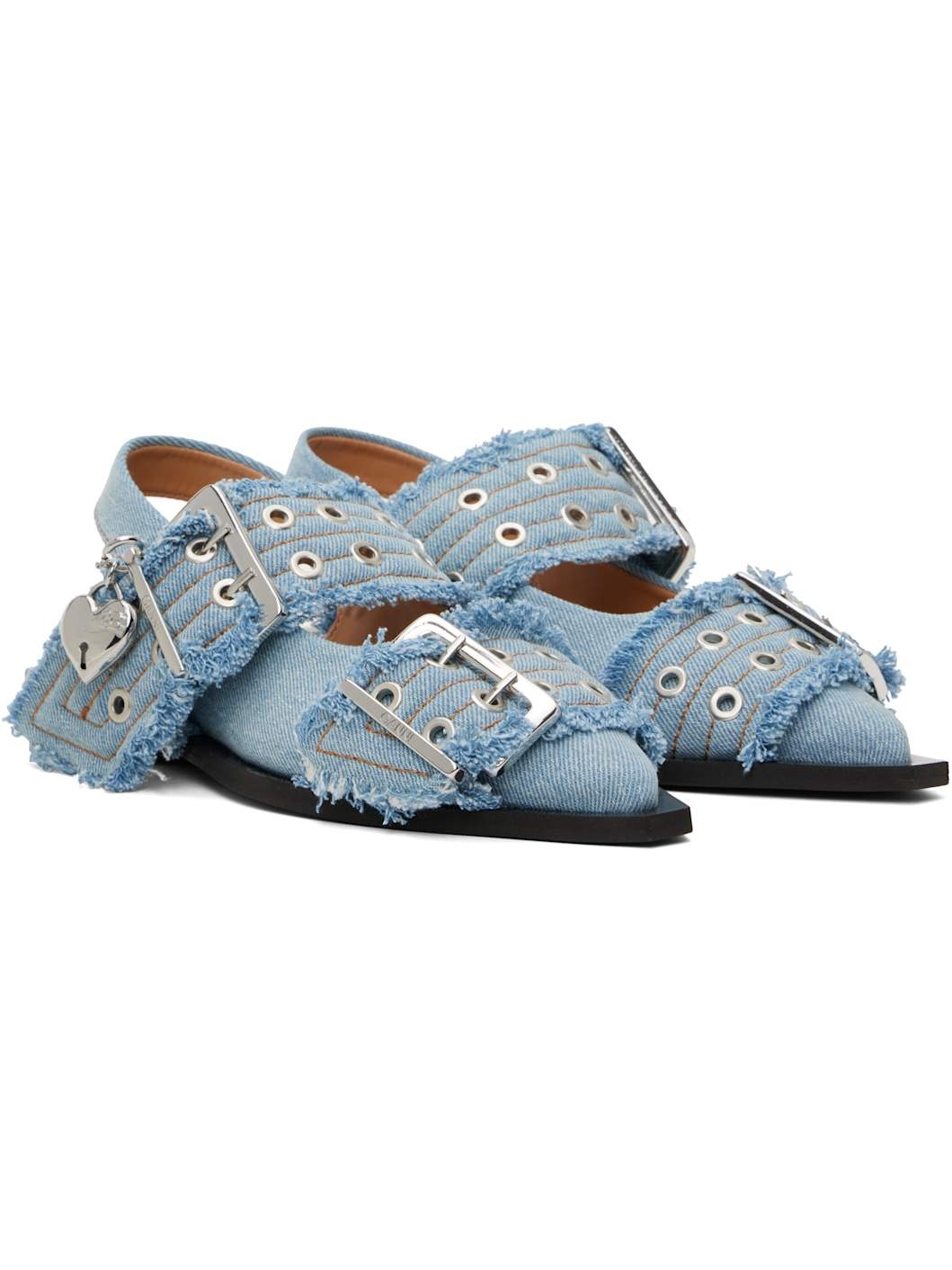 Blue Denim Charms Feminine Buckle Flats - 4