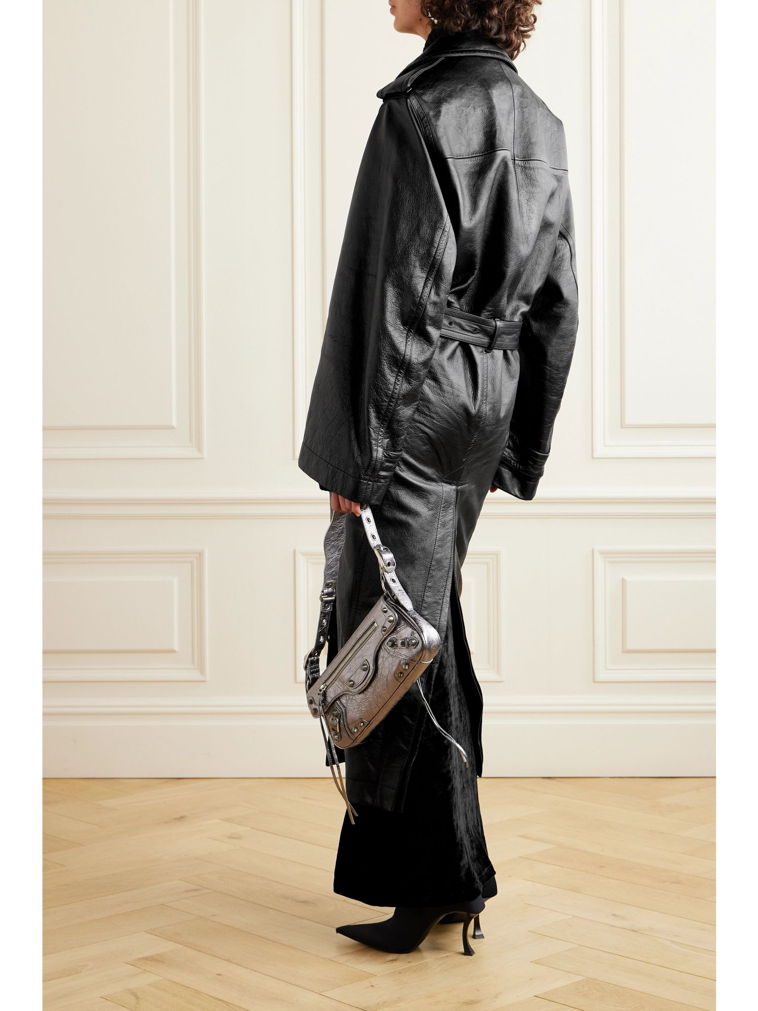 Cocoon double-breasted belted leather trench Black - 4