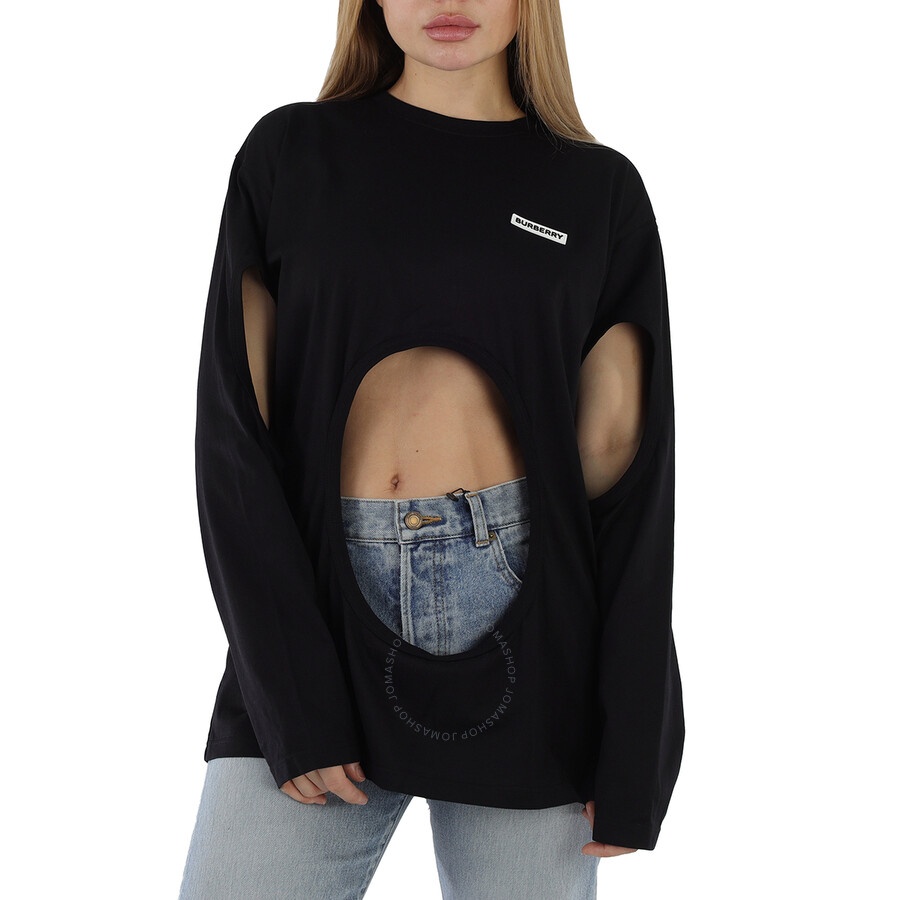 Burberry Ladies Black Cutout Swan Print Oversized Top - 1
