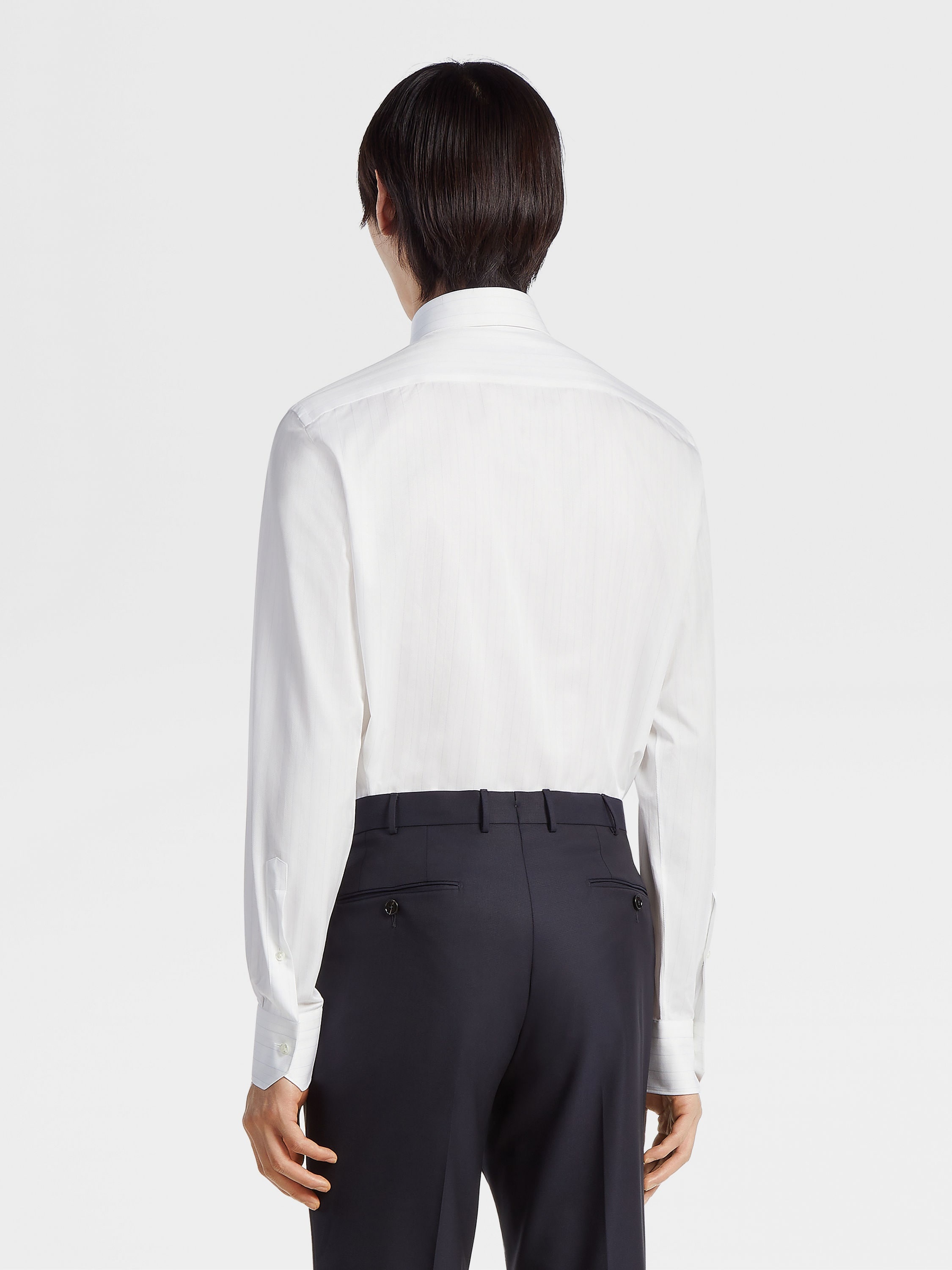 WHITE NAVY BLUE AND LIGHT BLUE TRECAPI COTTON STRUCTURED STRIPED SHIRT - 4