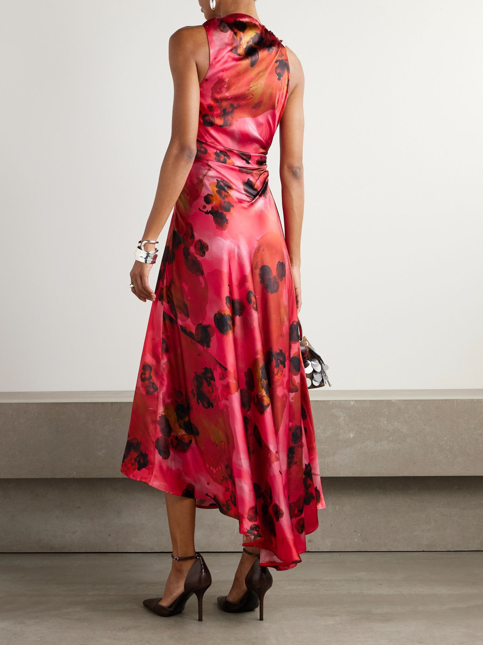 Draped floral-print silk-satin midi dress Red - 3