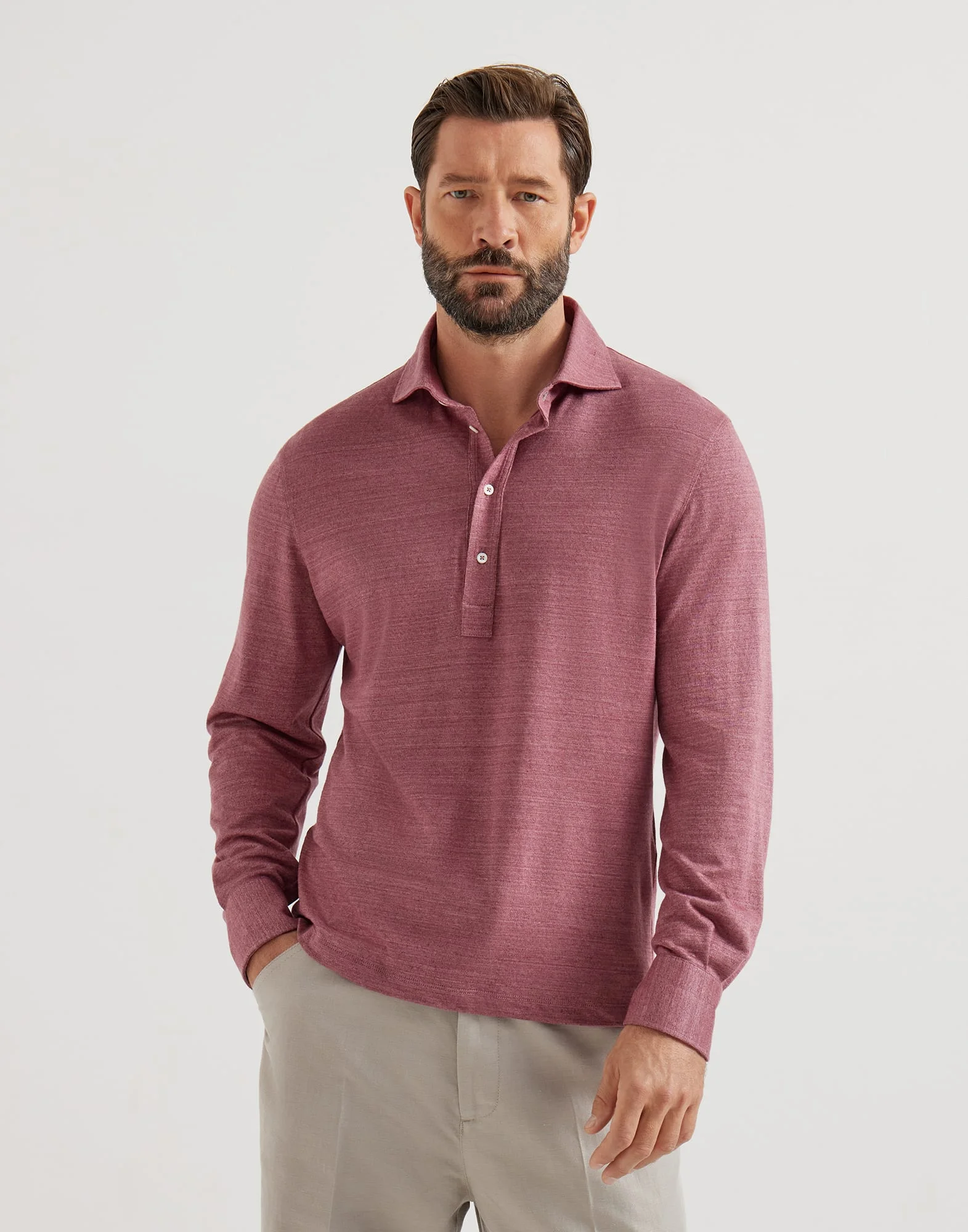 Linen and cotton mélange jersey long sleeve polo with shirt-style collar - 1