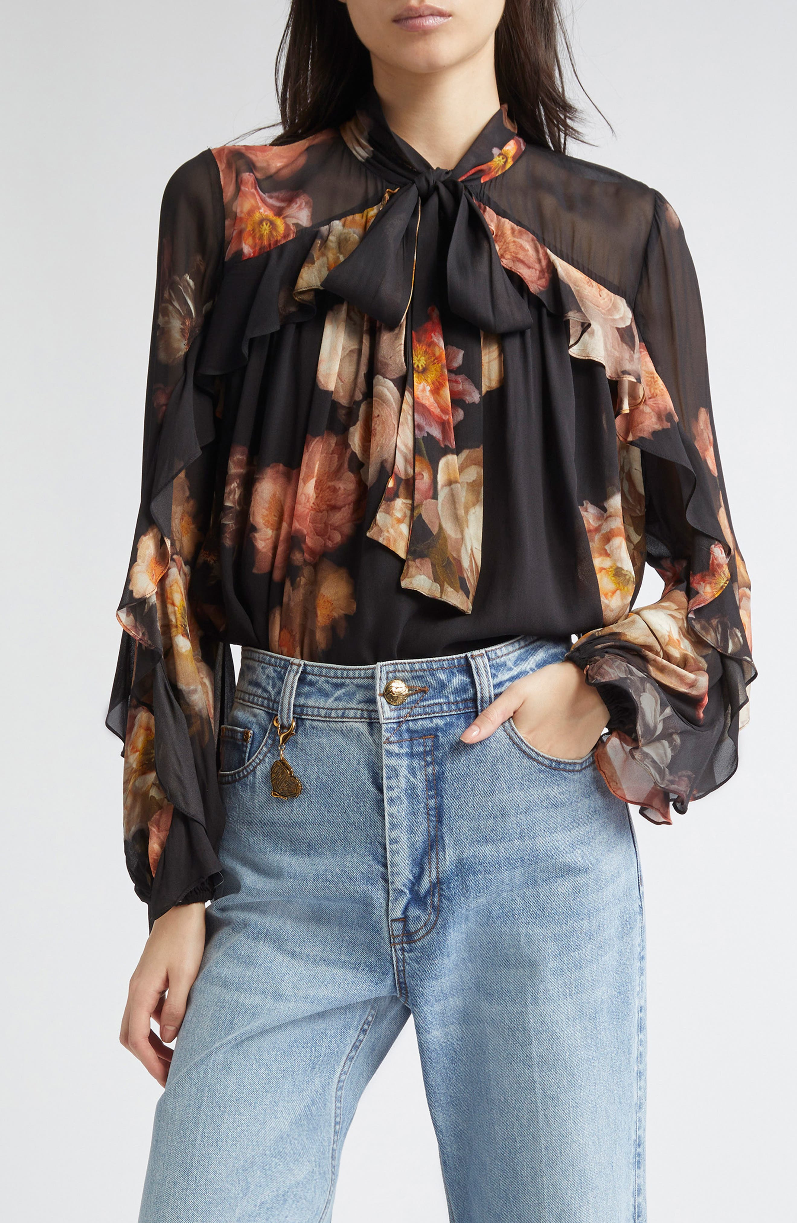 Zimmermann Hypnotic Floral Print Ruffle Georgette Top in Russet Floral at Nordstrom - 1